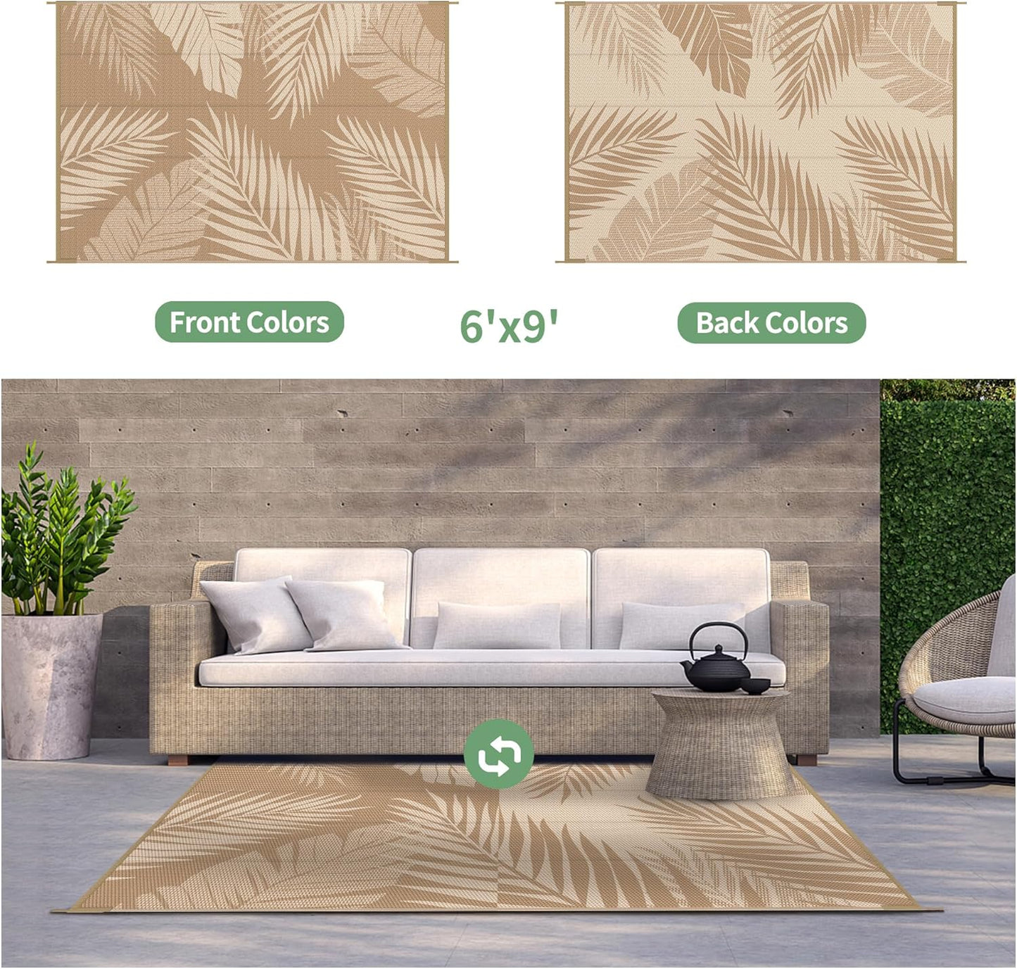 GENIMO Outdoor Rug 6' x 9' Waterproof for Patios Clearance, Reversible Outdoor Plastic Straw Camping Rug Carpet, Large Area Rugs Mats for RV, Camper, Deck, Balcony, Porch, Beach, Picnic, Brown&Beige