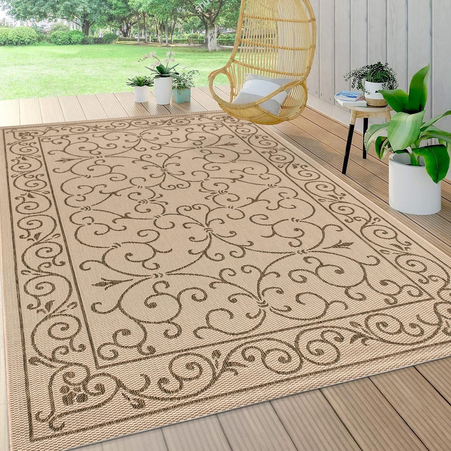 JONATHAN Y Vintage Filigree Indoor Outdoor Area Rug 5X8 Beige/Brown, Charleston Textured Weave for Backyard, Patio, Porch, Easy-Cleaning, High Traffic, Pet-Friendly, Non-Shedding (SMB106A-5)