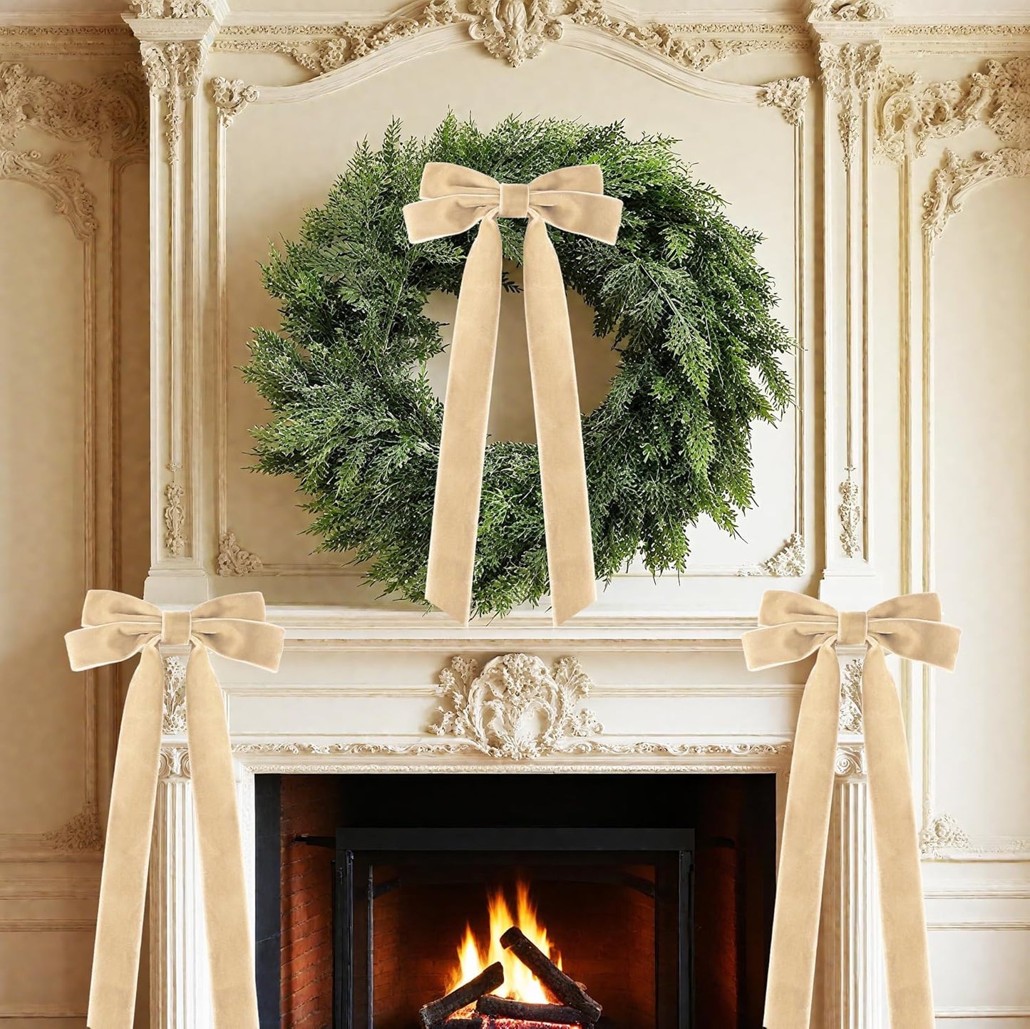 Senjie Velvet Large Christmas Bows for Staircase Garland Wreath, 20in x 8in Vintage Ribbon Bows with Twist Tie for Xmas Tree Holiday Indoor Outdoor Decorations (6Pcs, Khaki)