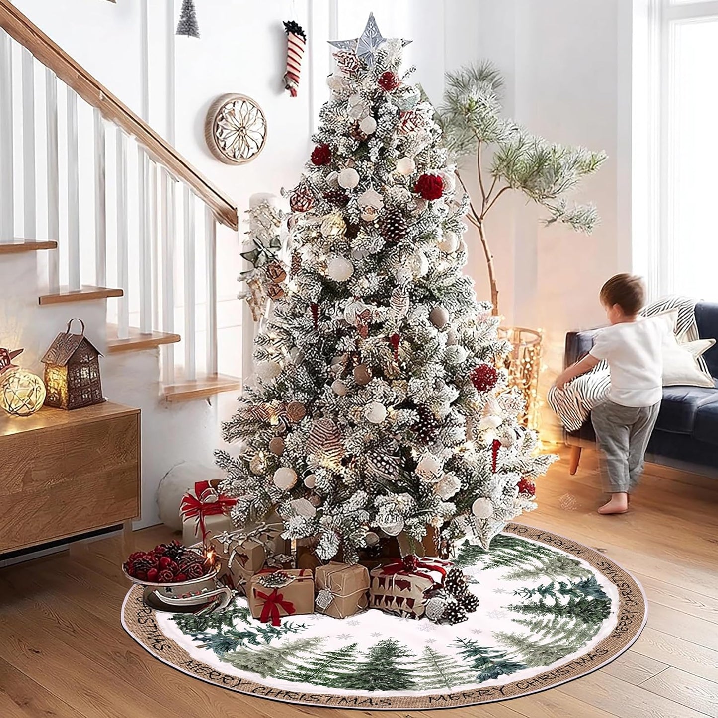 Baccessor Christmas Tree Skirt 36 Inch Pine Trees Snowy Forest Christmas Tree Skirt Collar for Farmhouse Vintage Rustic Merry Christmas Xmas Winter Holiday Party Decoration
