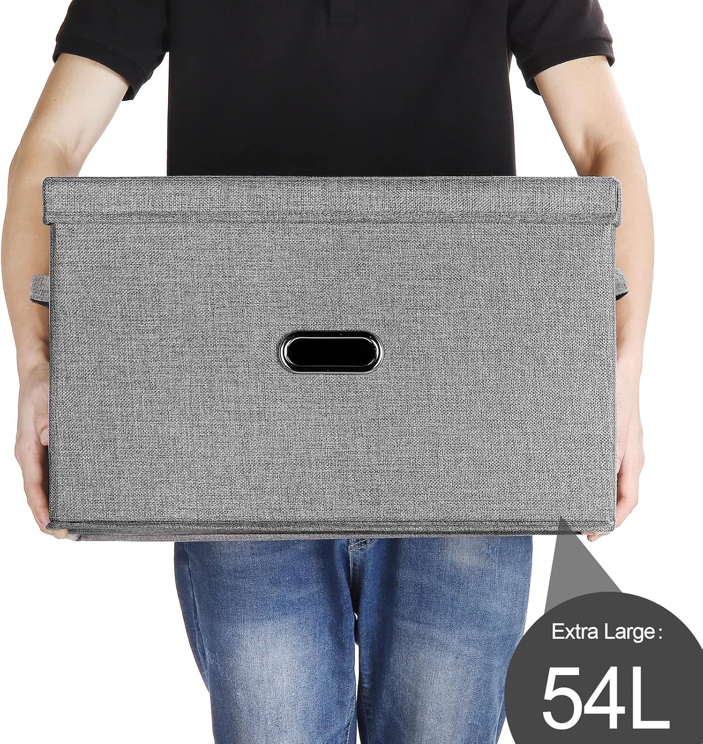 Large Linen Fabric Foldable Storage Bins with Removable Lid and Handles, Washable Storage Box Organizer Containers Baskets Cube with Cover for Bedroom,Closet,Office (Grey, Extra Large(2-Pack))