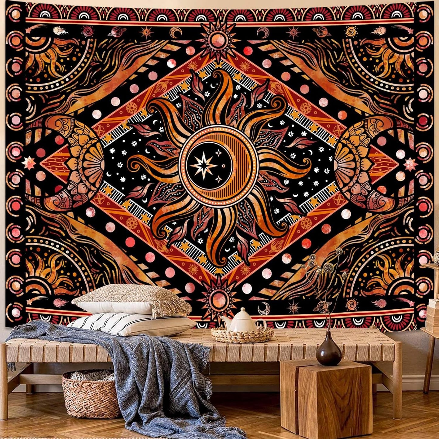 Lunerfex Hippie Sun and Moon Tapestry Bohemian Celestial Tapestry Aesthetic Tapestries for Bedroom and Living Room Decor Sun and Moon 44×60 Inches