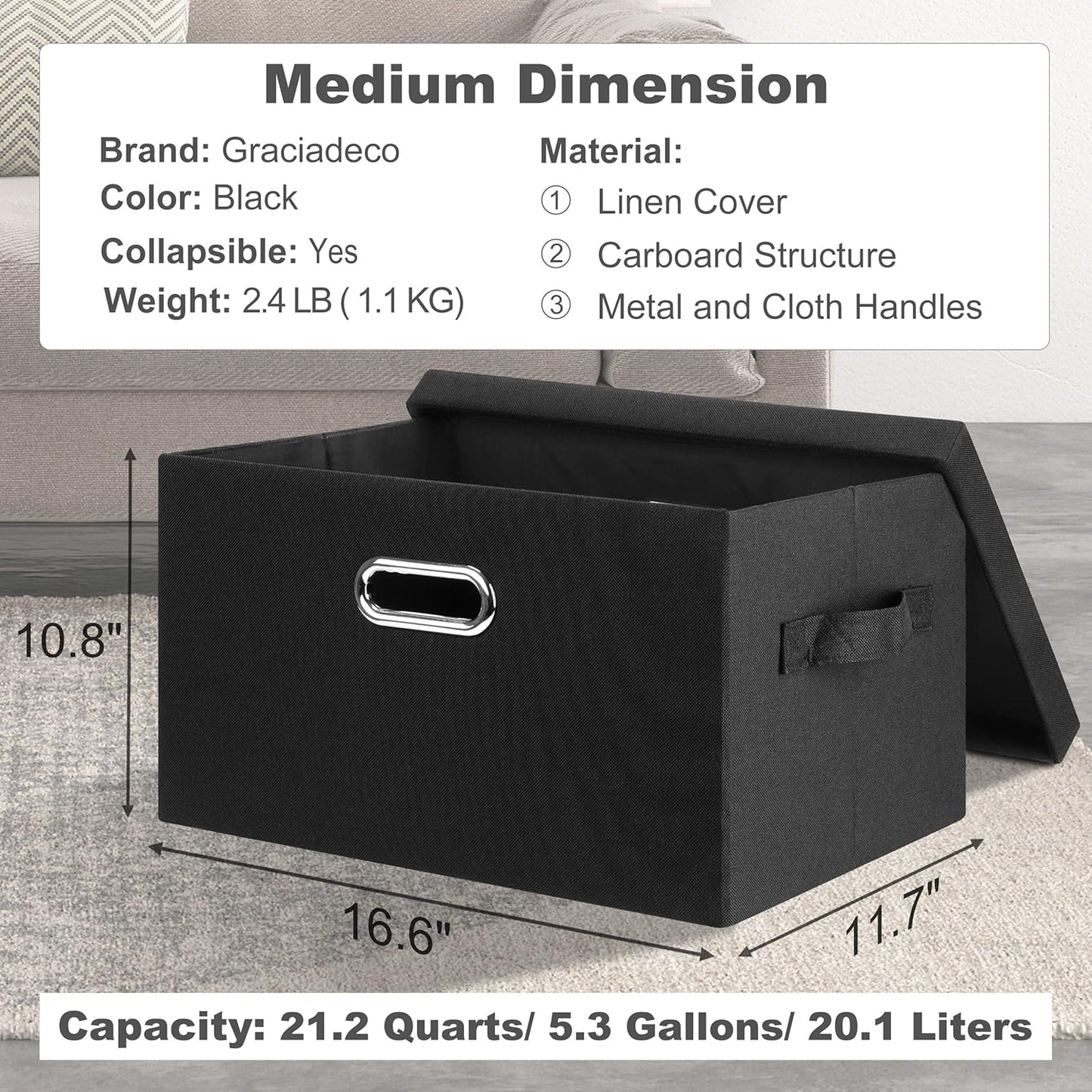 Medium 15" 21 Quart Collapsible Stackable Storage Bins with Lids, 5 Packs Black Foldable Fabric Closet Storage Boxes with Lids, Lidded Heavy-duty Linen Baskets(15x11x8)