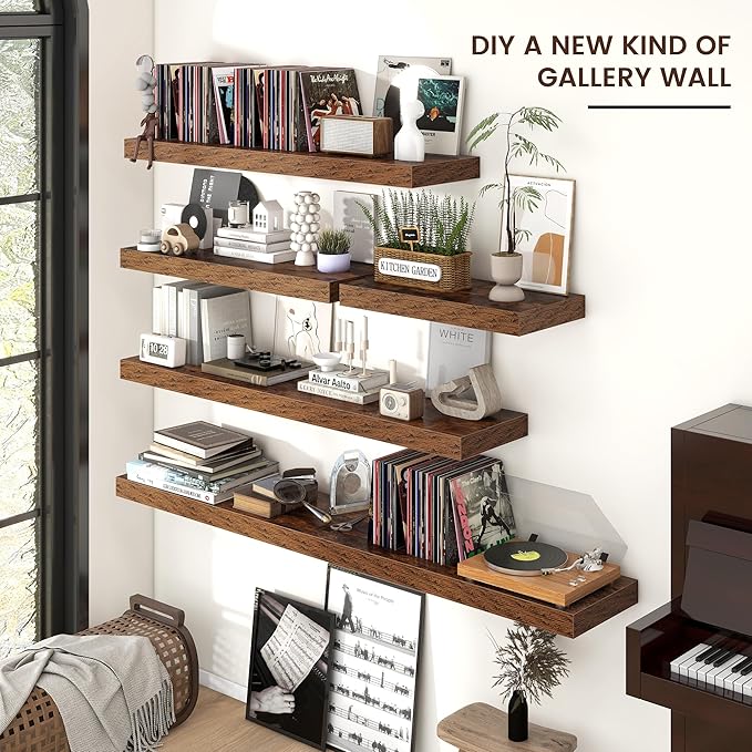 Floating Shelves - 2 Large Wall Mounted Shelves with Invisible Brackets, Long Wood Floating Wall Shelf for Living Room, Bedroom, Kitchen (Brown, 48" W x 9" D x 1.5" H)