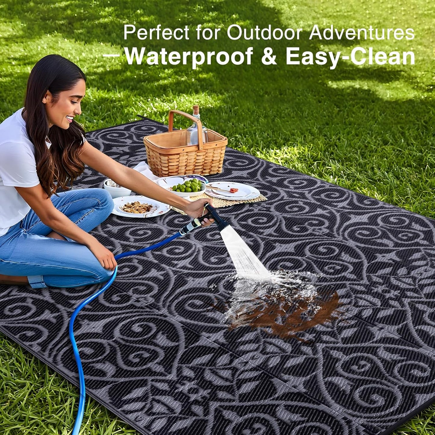 OLANLY Outdoor Rug Waterproof 6x9 ft Clearance, Reversible Outdoor Plastic Straw Rug with Floral Pattern, RV Mat for Patio, Camping, Balcony, Deck, Backyard, Black & Grey