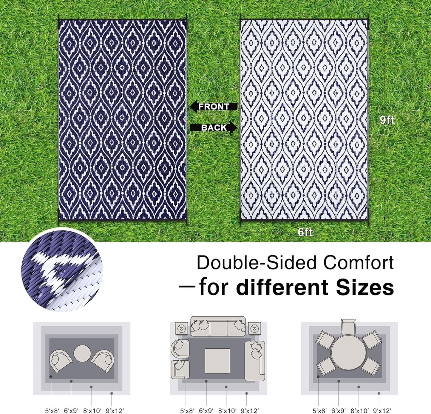 OLANLY Outdoor Rug 6x9 ft Waterproof, Outdoor Plastic Straw Rug with Geometric Pattern Clearance, Reversible RV Mat for Patio, Camping, Balcony, Deck, Backyard, Navy & White