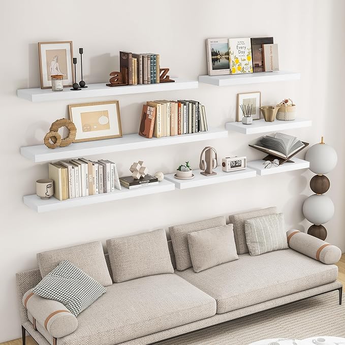 RICHFOCUS 16Inch Floating Shelves for Wall 2 Pack Shelves for Bedroom|Kitchen|Bathroom Wall Mounted Rustic Wood Floating Shelf with Invisible Brackets for Books|Storage|Decor, White