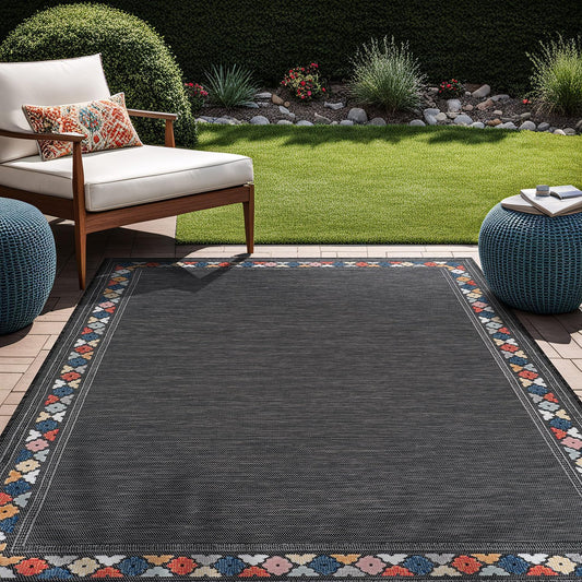 Beverly Rug Outdoor Rug 6x9 Modern Bordered Area Rugs for Indoor and Outdoor Patio Easy to Clean Non Shedding Living Room Porch Garden Washable Outside Carpet (6 x 9 Dark Gray)