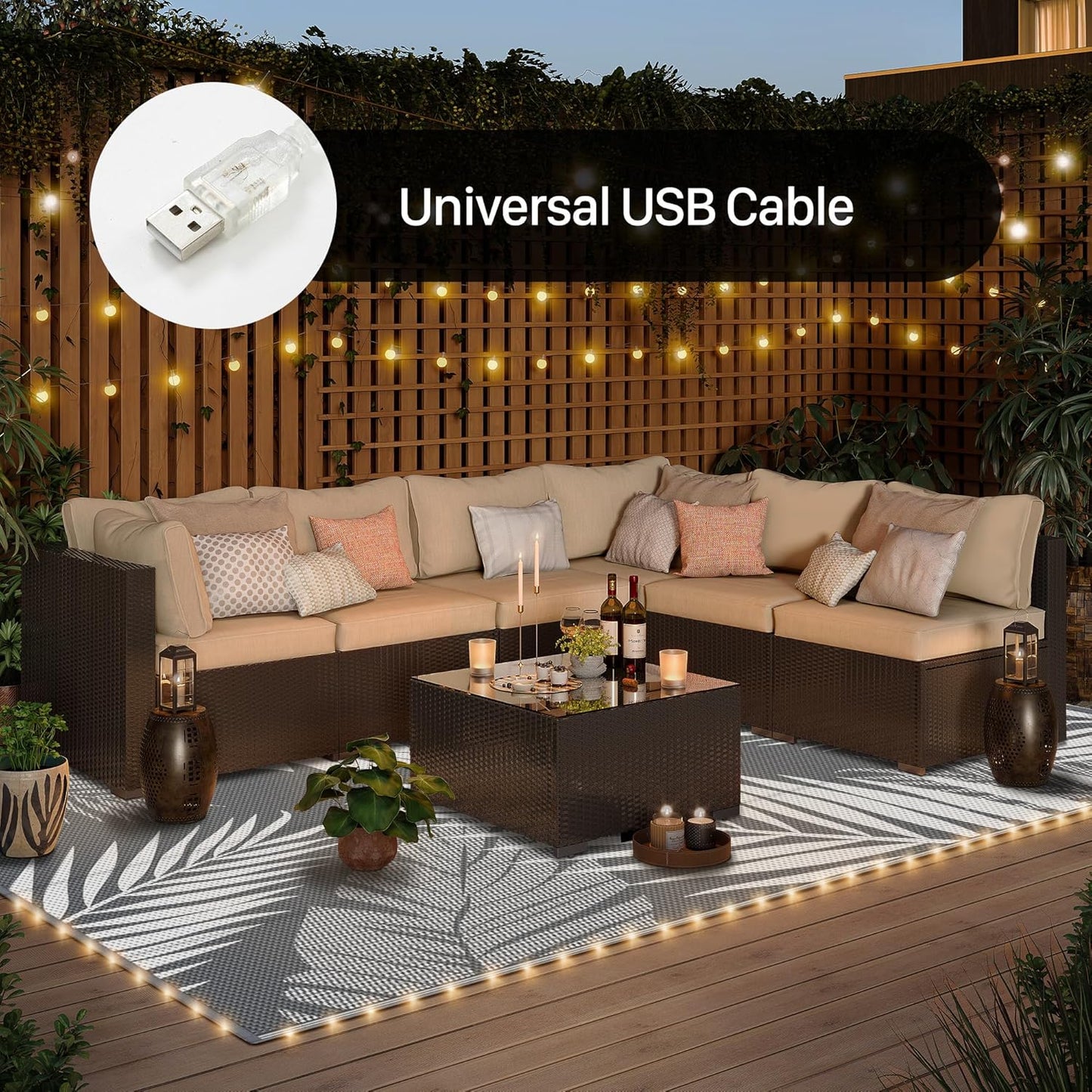 GENIMO Outdoor Rug 9' x 12' Waterproof for Patios Clearance, Reversible Outdoor Plastic Straw Camping Rug Carpet with LED String Light, Area Rugs Mats for RV, Camper, Deck, Balcony, Porch, Grey&White