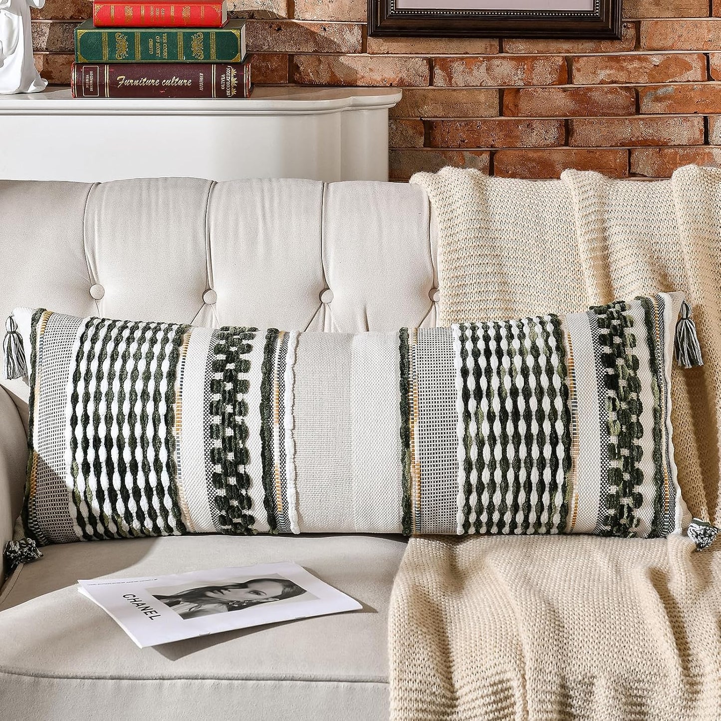 AmHoo Chenille Striped Textured Boho Throw Pillow Covers Aesthetic with Tassels Woven Decorative Pillow Case for Couch Bed Sofa Bedroom Modern Funky 14 x 36-Inch Sage Green