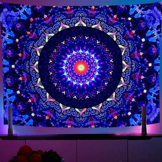 OSVINO Blacklight Trippy Mandala Tapestry 59"x51" UV Reactive Fantasy Tapestry Aesthetic Wall Decor for Living Room Bedroom Boho Wall Hanging