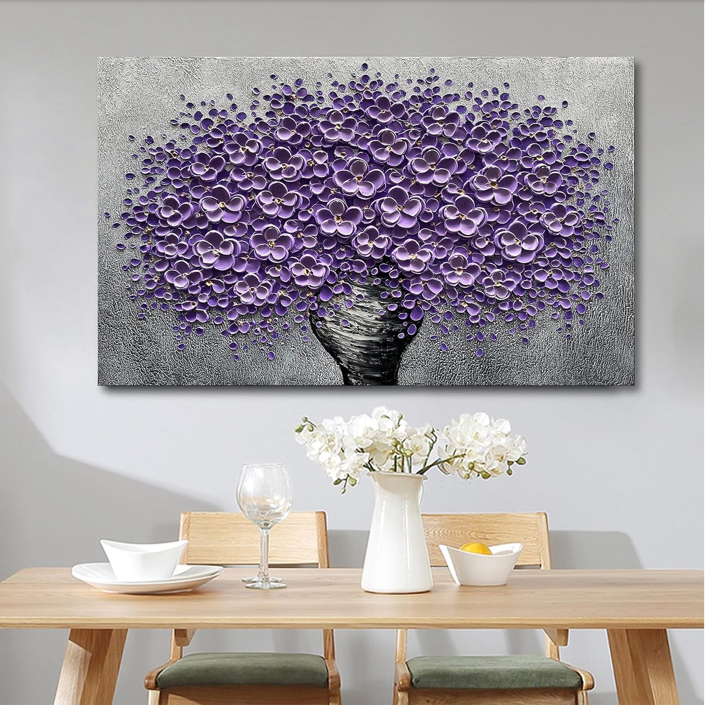 Epicler art hand-painted purple 3D flower decorative oil painting, flower wall decorative frame wall Art, modern Art living room, bedroom, office, hotel restaurant wall Art 28x40 inch