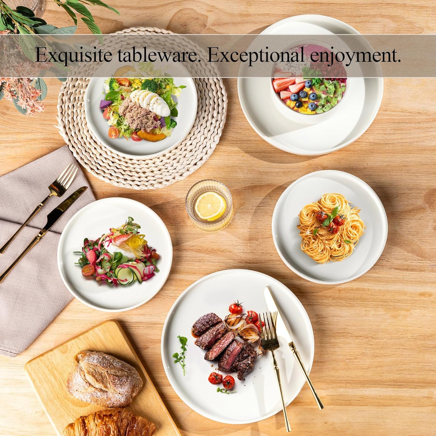 LERATIO Ceramic Dinnerware Sets for 6,Plates and Bowls Sets,Handmade Reactive Glaze Dishes Set,Chip Resistant and Scratch Resistant | Oven&Dishwasher & Microwave Safe- White &Wave(18PCS)