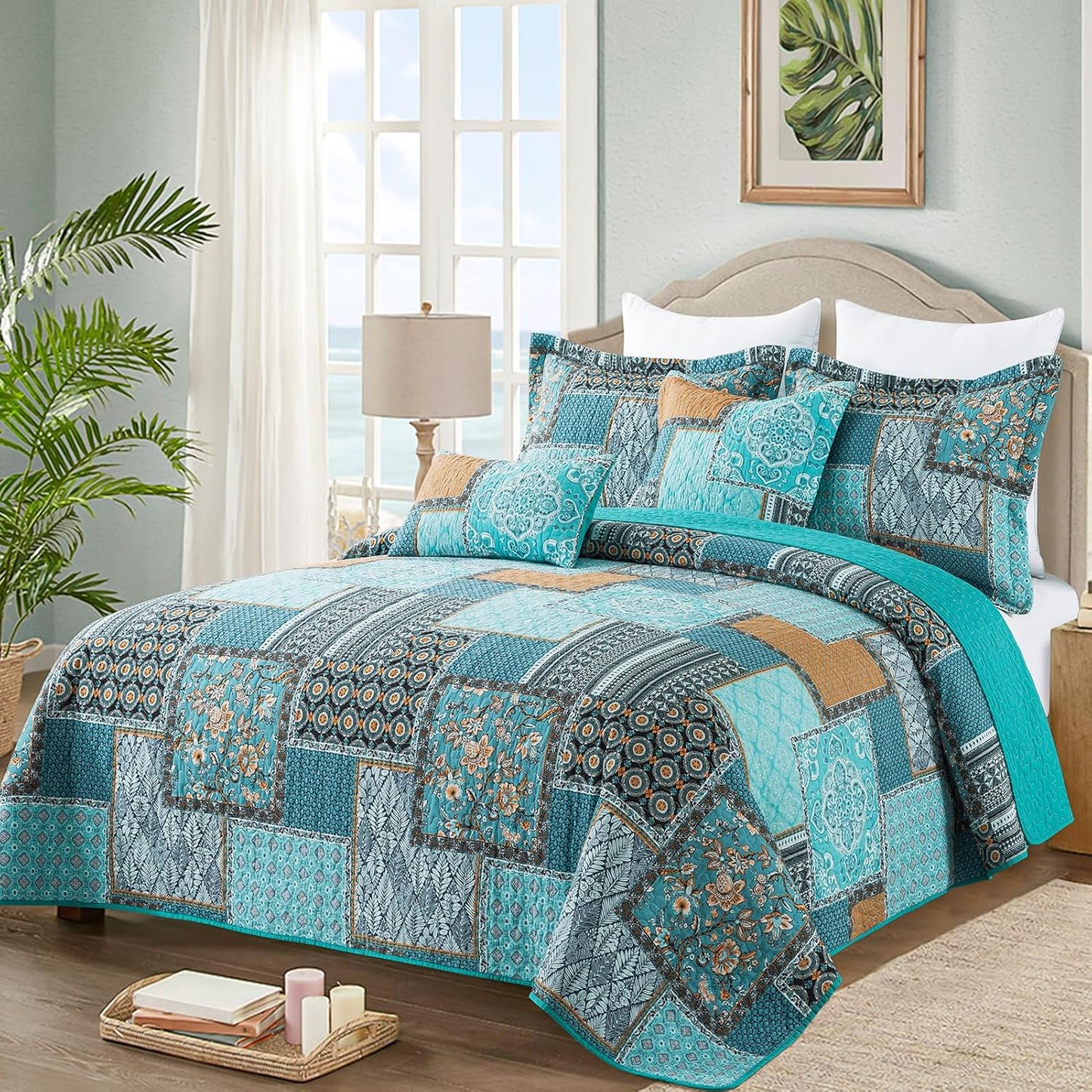 VAPUTAR Cotton Quilt Twin Size Bedding Set - 2 Pieces, Farmhouse Twin Size Quilts, Lightweight Reversible Coverlets Bedspreads for All Season (Teal/Green Chic)