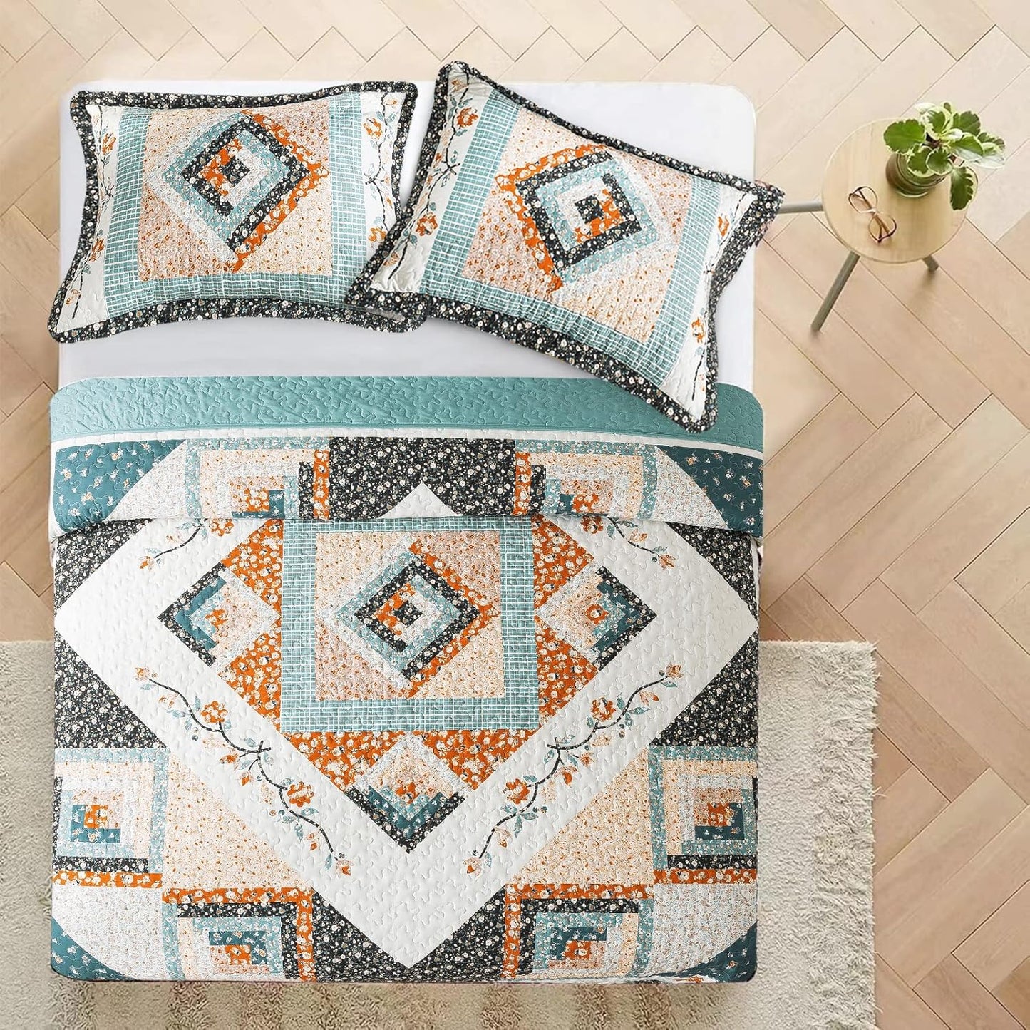 VAPUTAR Quilt King Size Bedding Set - 3 Pieces King Quilt Bedding Set, Boho King Size Quilt, Lightweight Reversible Coverlet Bedspread for Farmhouse Bedroom (Floral)