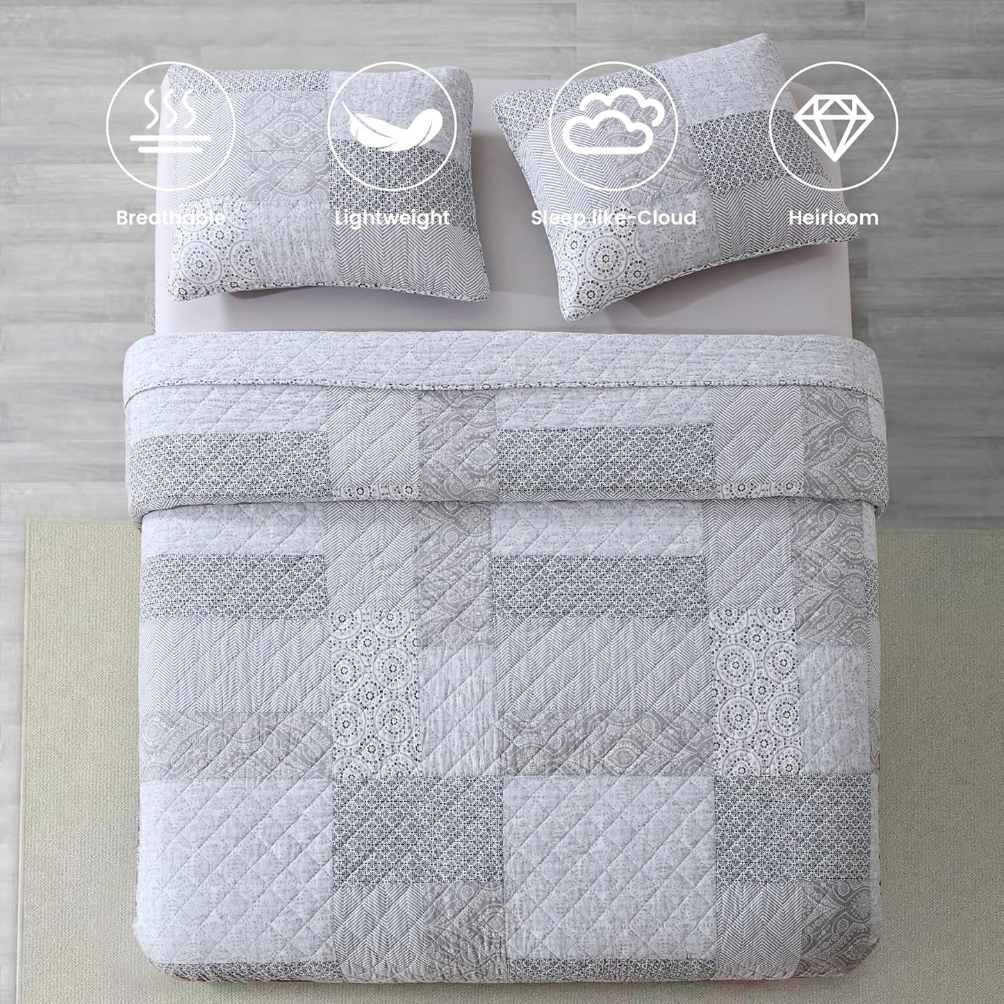 Secgo Queen Comforter Set for Bed - 100% Cotton Quilts Queen Size, Black Bedspreads (90 * 98 Inch) with 2 Pillow Shams, Patchwork Reversible Lightweight Bedding