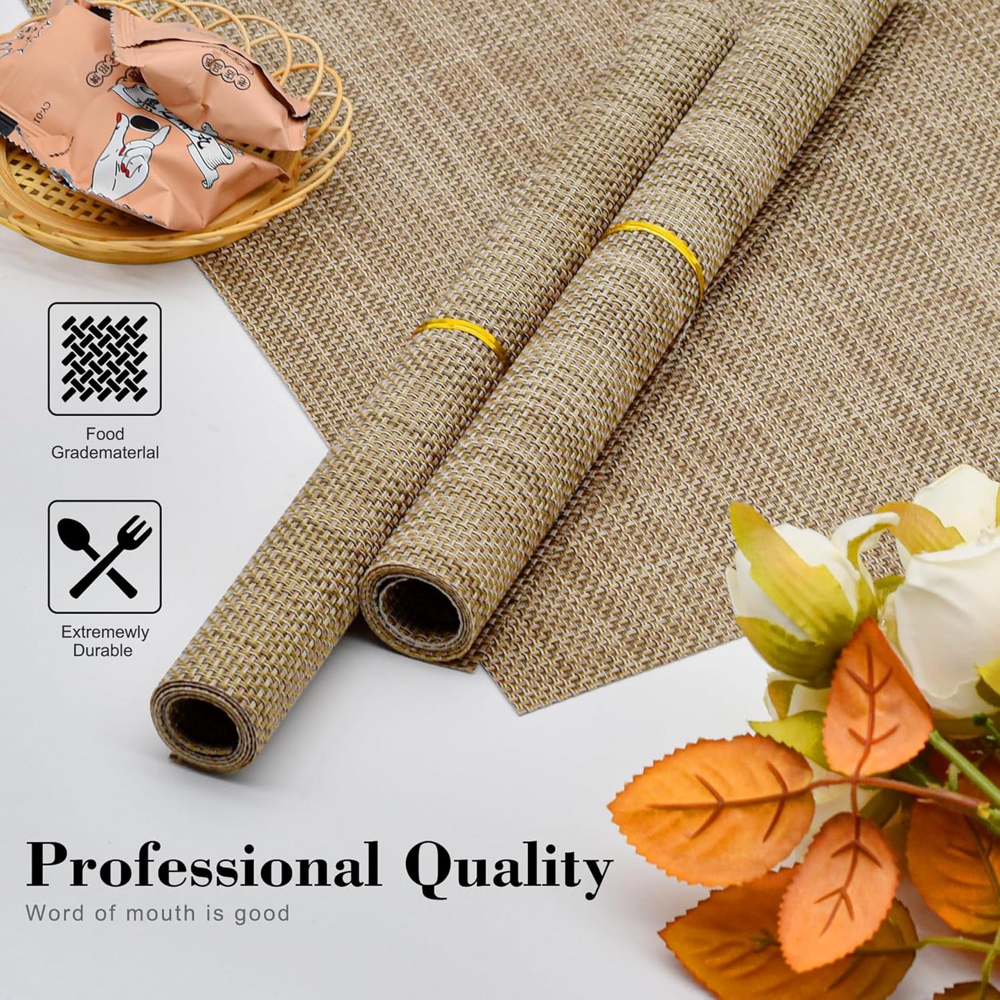 Placemats Set of 6 Washable Indoor/Outdoor Vinyl Place Mats for Dining Table Durable Non-Slip Heat Resistant PVC Weave Table Mats（Khaki）