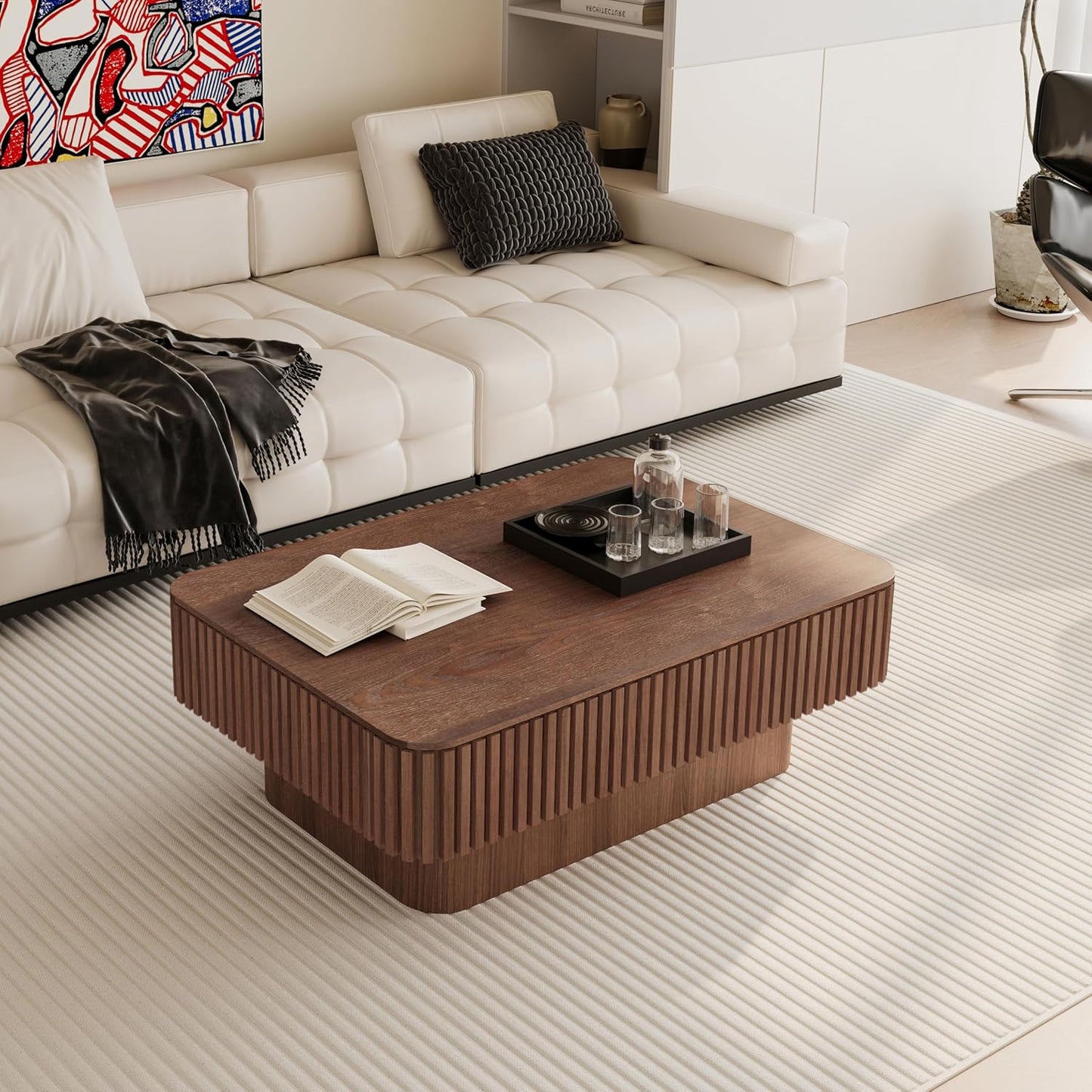 Lift Coffee Table with Storage & Adjustable Height, Solid Wood Coffee Table Fluted Center Table Accent Tea Table or Living Room, Apartment, Office (38.6" Walnut)