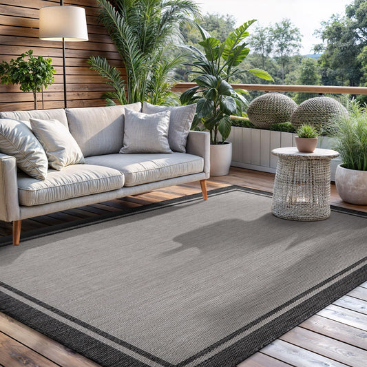CAMILSON Indoor Outdoor Rug, 5x7 Bordered Gray Modern Area Rugs for Indoor and Outdoor Patios, Kitchen and Hallway Mats, Washable Porch Deck Outside Carpet (Bordered Grey, 5 x 7)