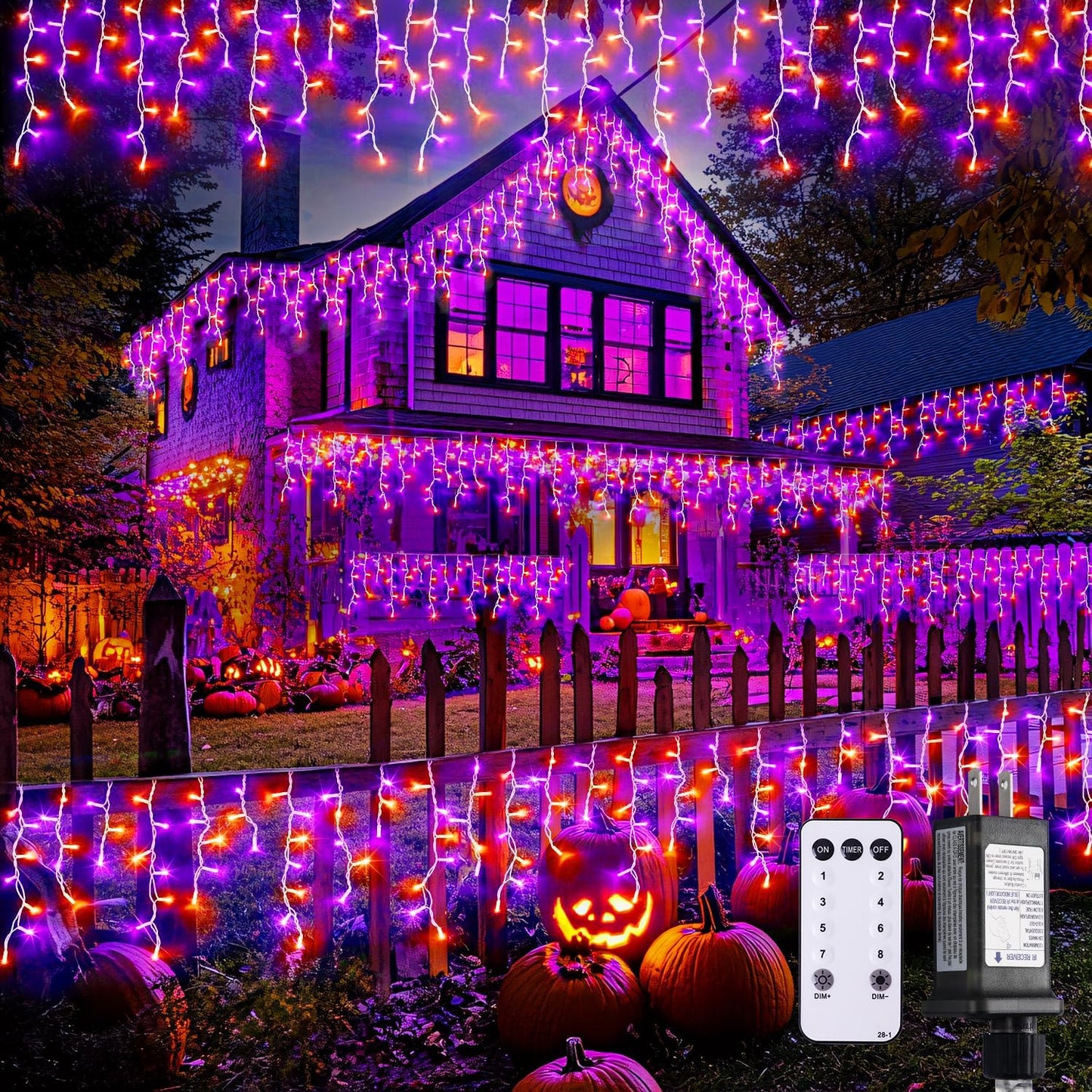 JMEXSUSS 400 LED Orange and Purple Halloween Lights Outdoor, 38.8 FT Orange and Purple Icicle Light Outdoor Waterproof, 8 Modes Halloween Lights Plug in for House Christmas Party Decorations