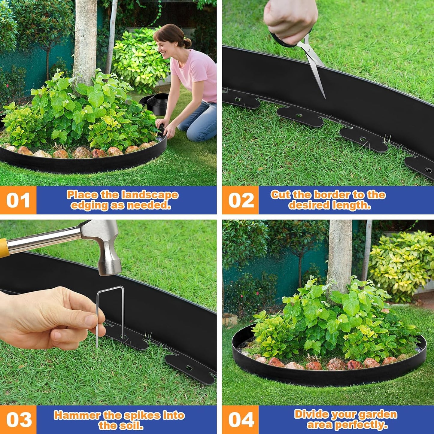 4 Inch x 100 FT (Multiple Sizes Available) Landscape Edging, Garden Edging Borders with 100pcs Upgrade Stakes, Flexible No Dig Plastic Garden Border for Lawn, Landscaping, Flower Beds, tree and Yard