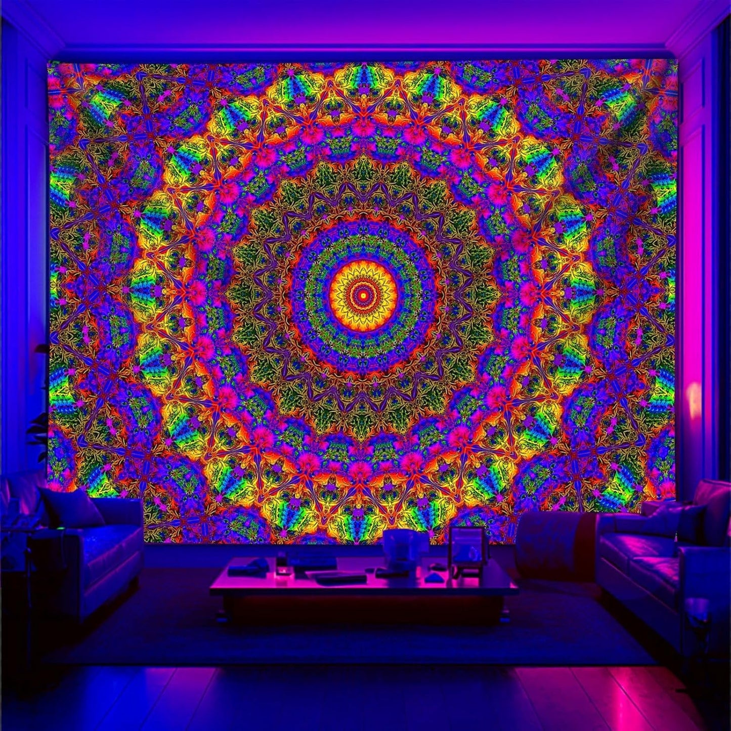 PSYHILAR Blacklight Mandala Boho Tapestry, Black Light Bohemian Hippie Poster for Adults and Teens, Aesthetic Colorful UV Reactive Wall Art Decor for Bedroom (80 x 60 Inches)