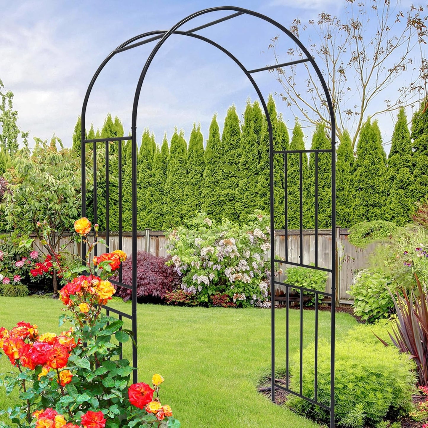 Metal Garden Arch 85.82" H Garden Arbor Trellis Climbing Plants Support Rose Lines Arch Outdoor Lawn Wedding Party Events Archway Black