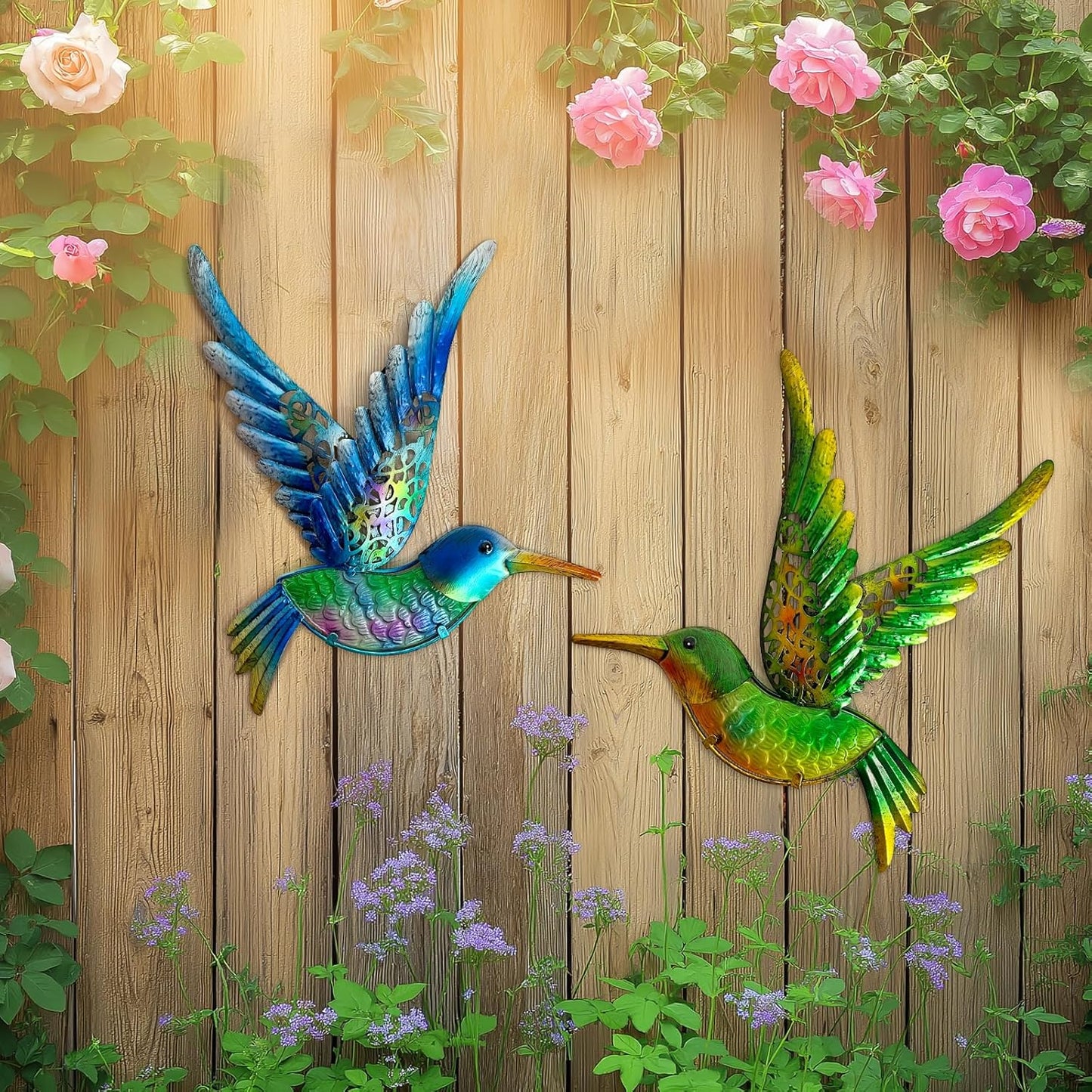 HONGLAND Metal Hummingbird Wall Art 12inch Metal Birds Wall Sculpture Garden Decoration Outdoor Statue Patio Fence Hanging Plaques 2 Pack（Blue-Green）