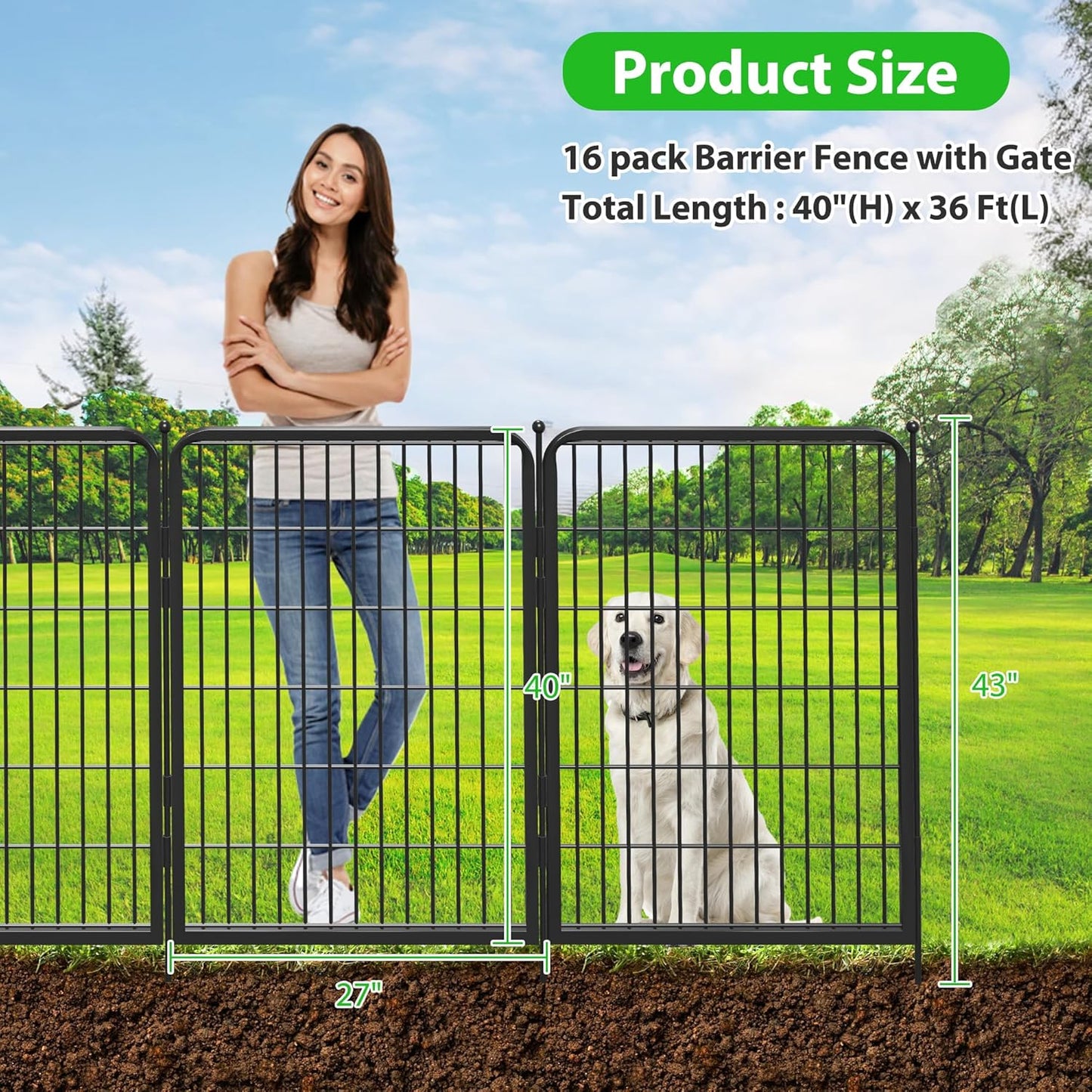 Decorative Black Metal Fencing Garden Fence with Gate, 36ft(L) 40in(H) 16 Fence Panels No Dig Fence Rustproof Animal Barrier Fence Temporary Dog Panels Fencing Outdoor
