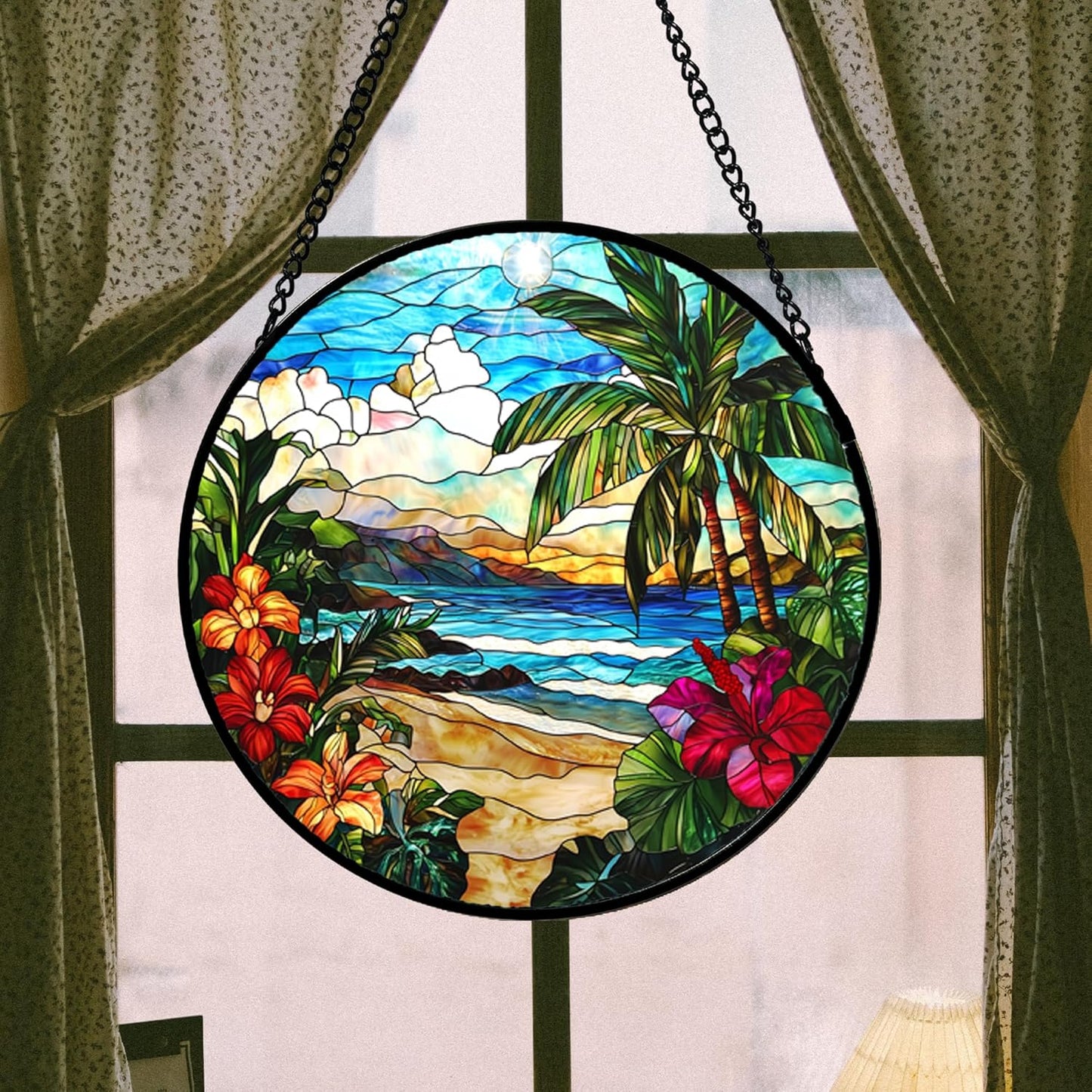 Stained Glass Window Hanging, Blue Beach Scenery Suncatcher Diamond Glass Panel Hangings Sun Catchers Decor for Birthday for Women, Men, Wife, Aunt, and Mom 14.9x14.9 in