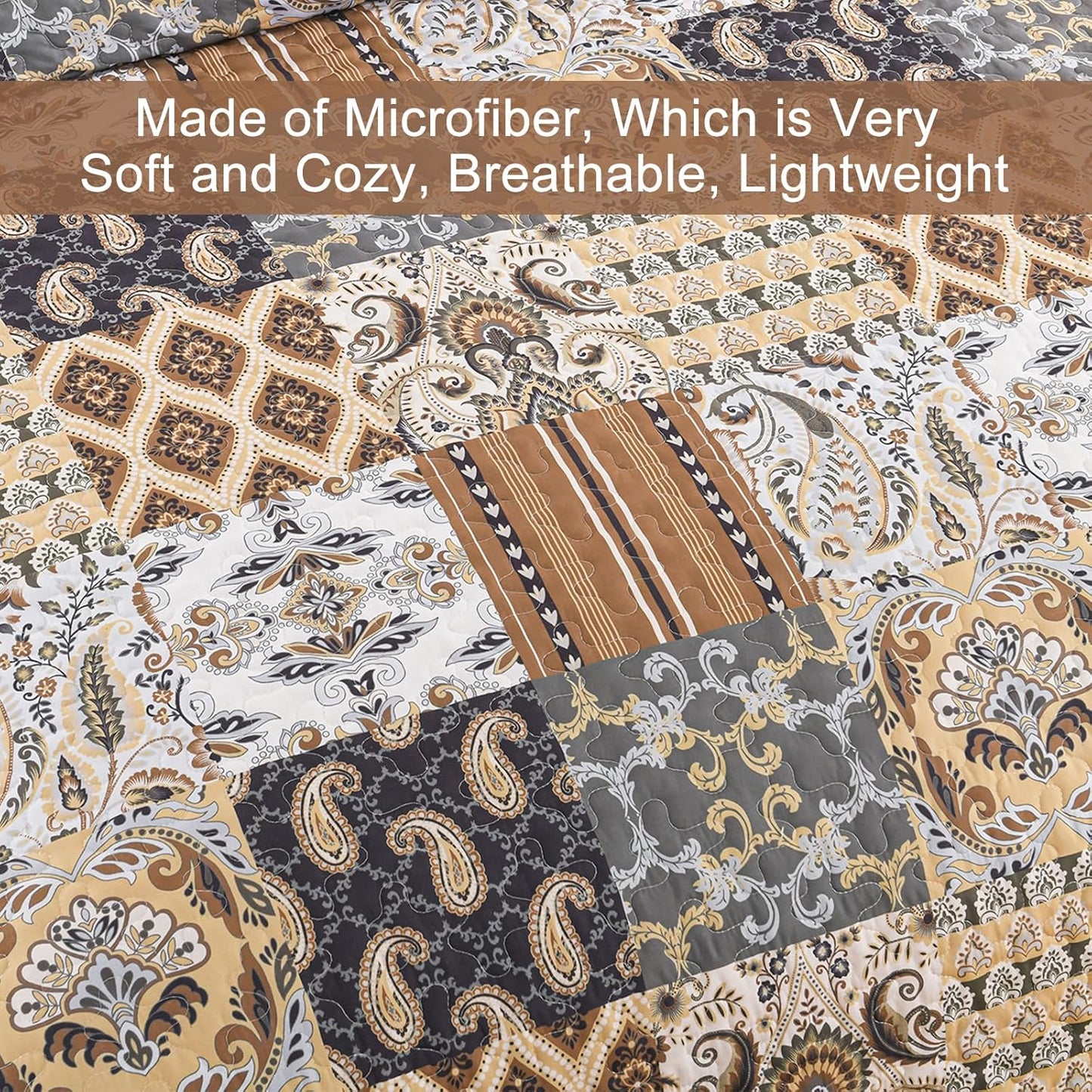 WONGS BEDDING Boho Quilt Set Queen Size, Dark Brown Plaid Patchwork Bedspread Bedding Set Soft Microfiber Quilt for Queen Bed Reversible 3 Pieces Coverlet Set for All Season (96"x90")