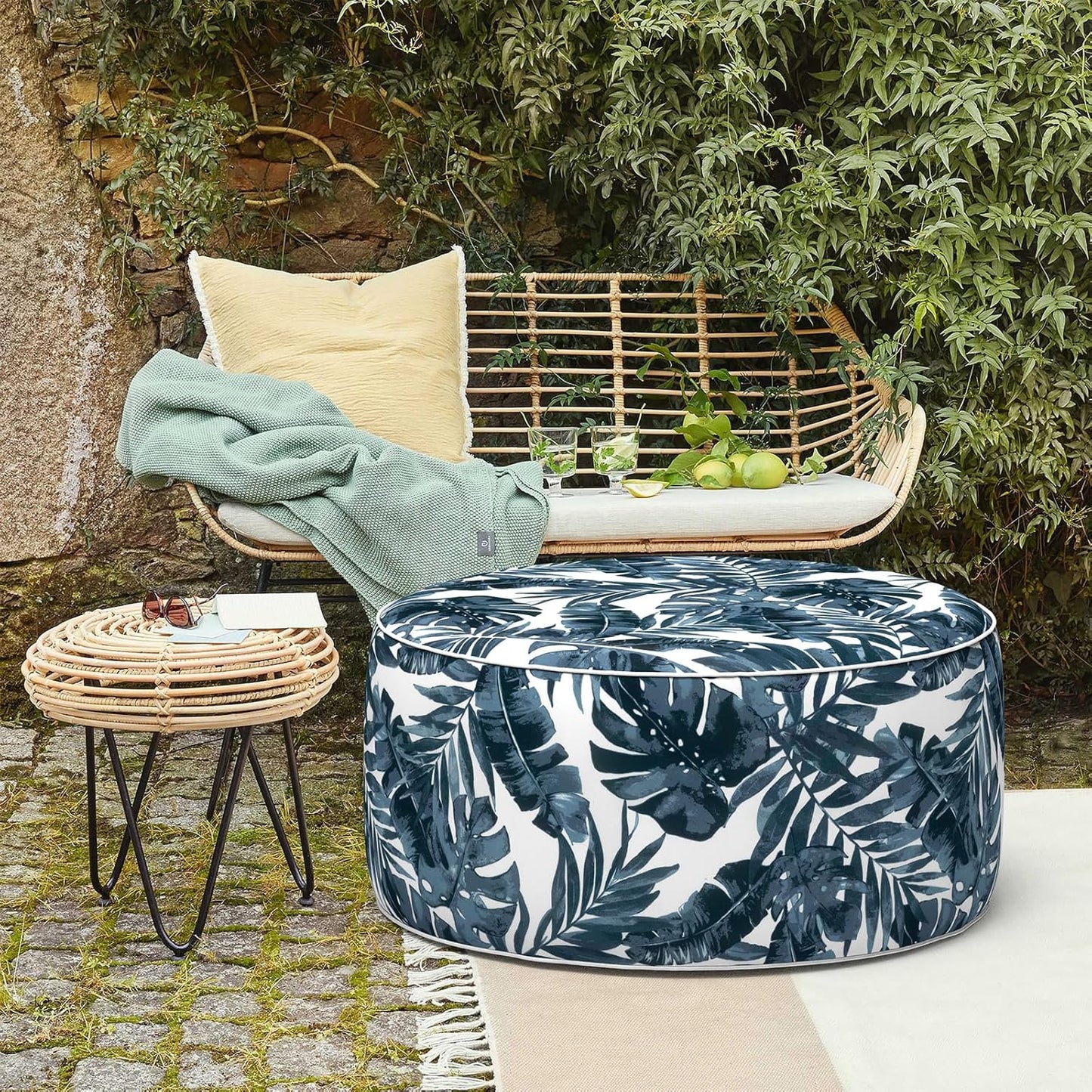 LVTXIII Outdoor/Indoor Inflatable Ottoman, 31"x31"x14" Patio Footrest Stool, Portable Round Pouf Ottoman for Patio Garden, Camping or Home Decoration, Palm Blue