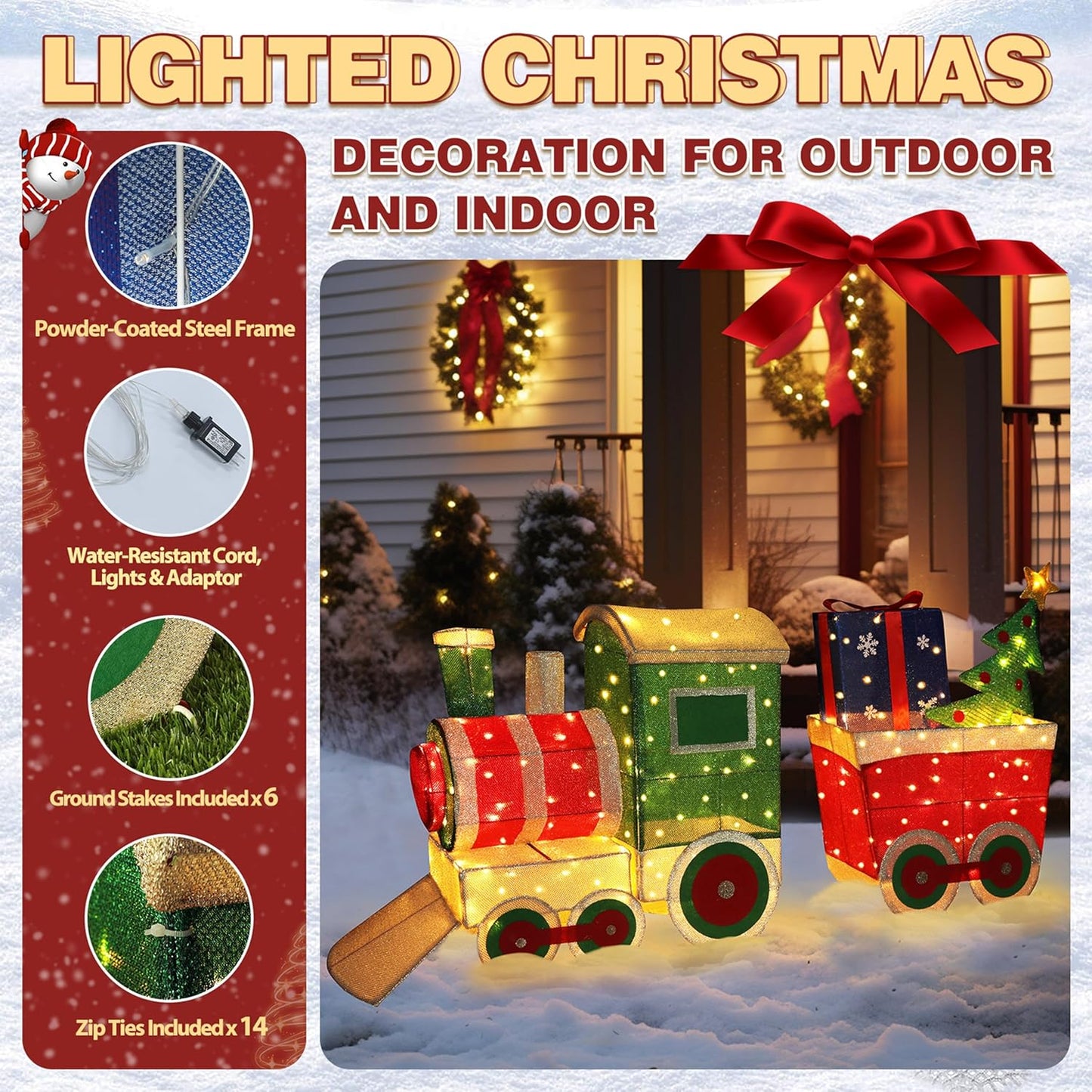 5FT Light-Up Christmas Train Decor with 170 LED Lights, 3D Pre-Lit Train Set with Gift Box and Christmas Tree for Xmas Decoration, Freestanding Glittered Holiday Display for Outdoor, Indoor