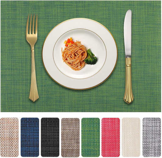 Vinyl Placemats Set of 8, PVC Woven Washable Non-Slip Table Mats, Heat Resistant Wrinkle Free Place Mats for Dining Table, Easy to Clean (8, Green)