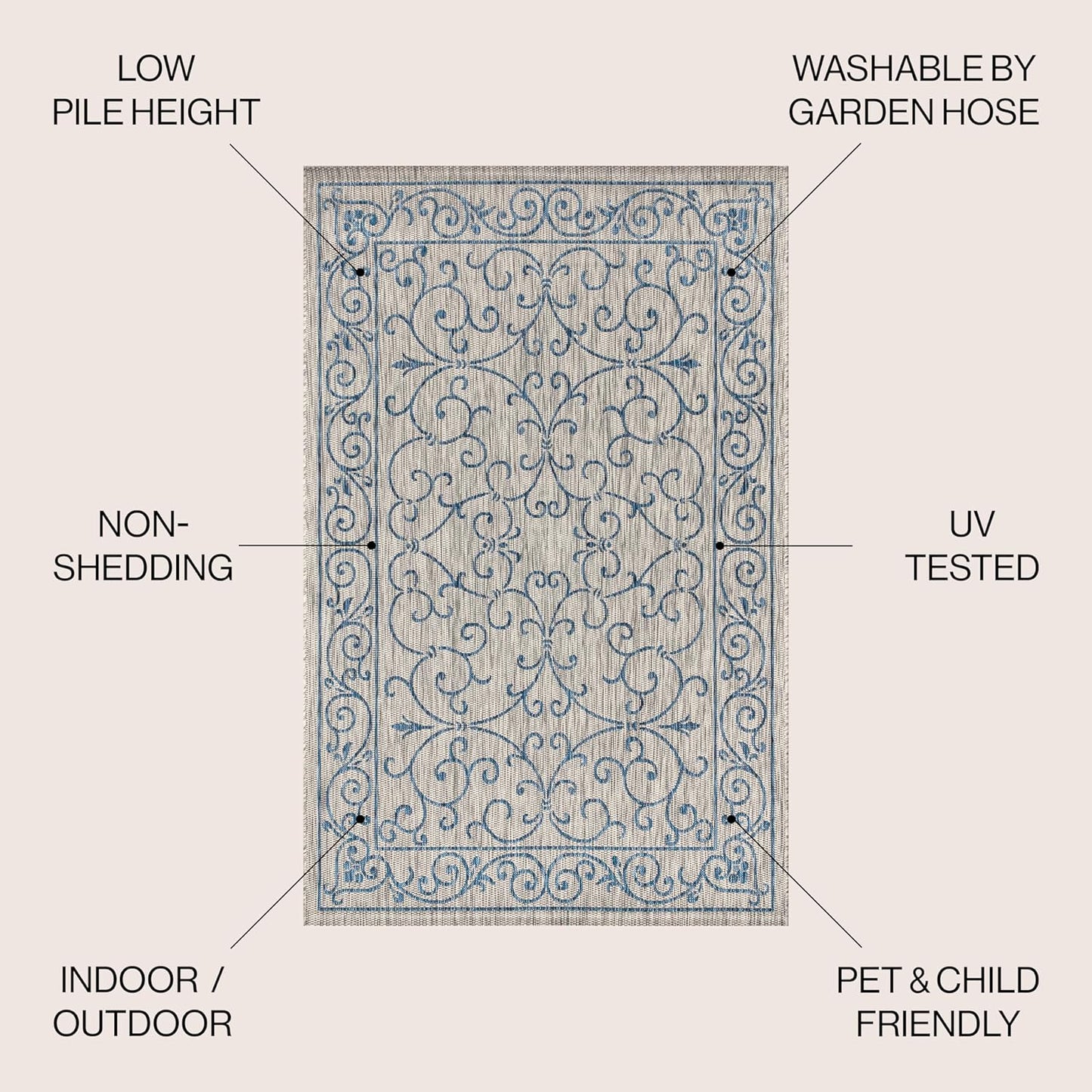 JONATHAN Y Vintage Filigree Indoor Outdoor Square Area Rug 8X8 Gray/Navy, Charleston Textured Weave for Backyard, Patio, Porch, Easy-Cleaning, High Traffic, Pet-Friendly, Non-Shedding (SMB106C-8SQ)