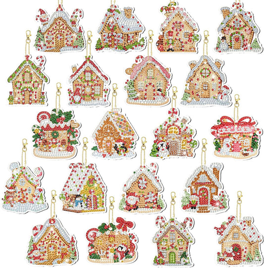 Tondiamo 20 Pcs Christmas Diamond Painting Keychain Kits 5D DIY Diamond Art Pendants Double Sided Hanging Key Chains for Christmas Party Decoration DIY (Gingerbread House)