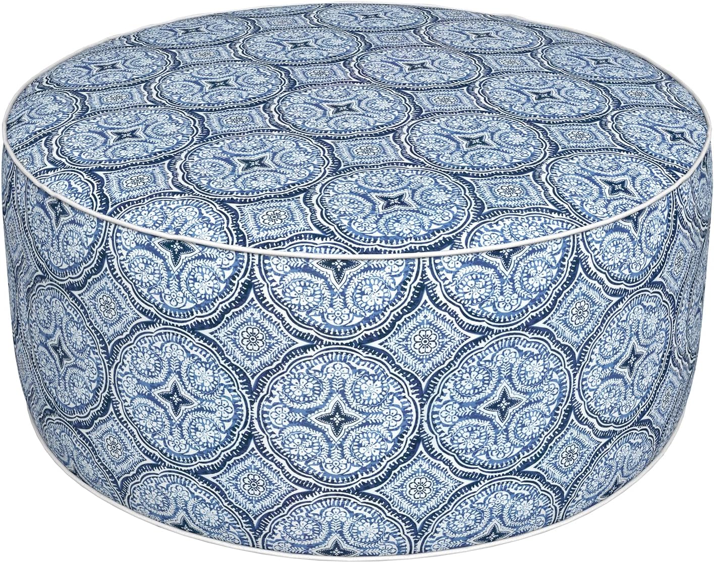 Inflatable Ottoman Stool D31 xH14 for Outdoor/Indoor Use, Water Repellent Patio Foot Rest Stool with Portable Handle,Round Pouf Ottoman Suitable for Garden,Deck and Camping - Medallion Blue