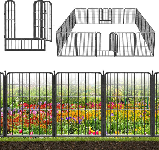 Decorative Black Metal Fencing Garden Fence with Gate, 46ft(L) 32in(H) 20 Fence Panels No Dig Fence Rustproof Animal Barrier Fence Temporary Dog Panels Fencing Outdoor