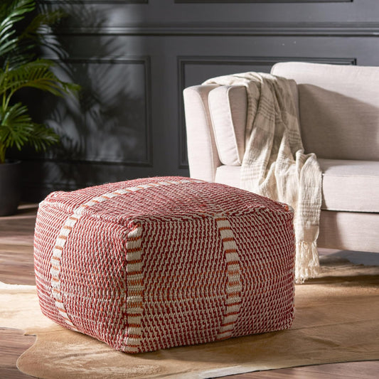 GDF Studio Indoor/Outdoor Boho Handmade Water Resistant Fabric Rectangular Pouf Ottoman Foot Stool - Bean Bag Floor Chair - Foot Rest Couch for Living Room Bedroom, Red and Orange,26" x 26" x 16.5"