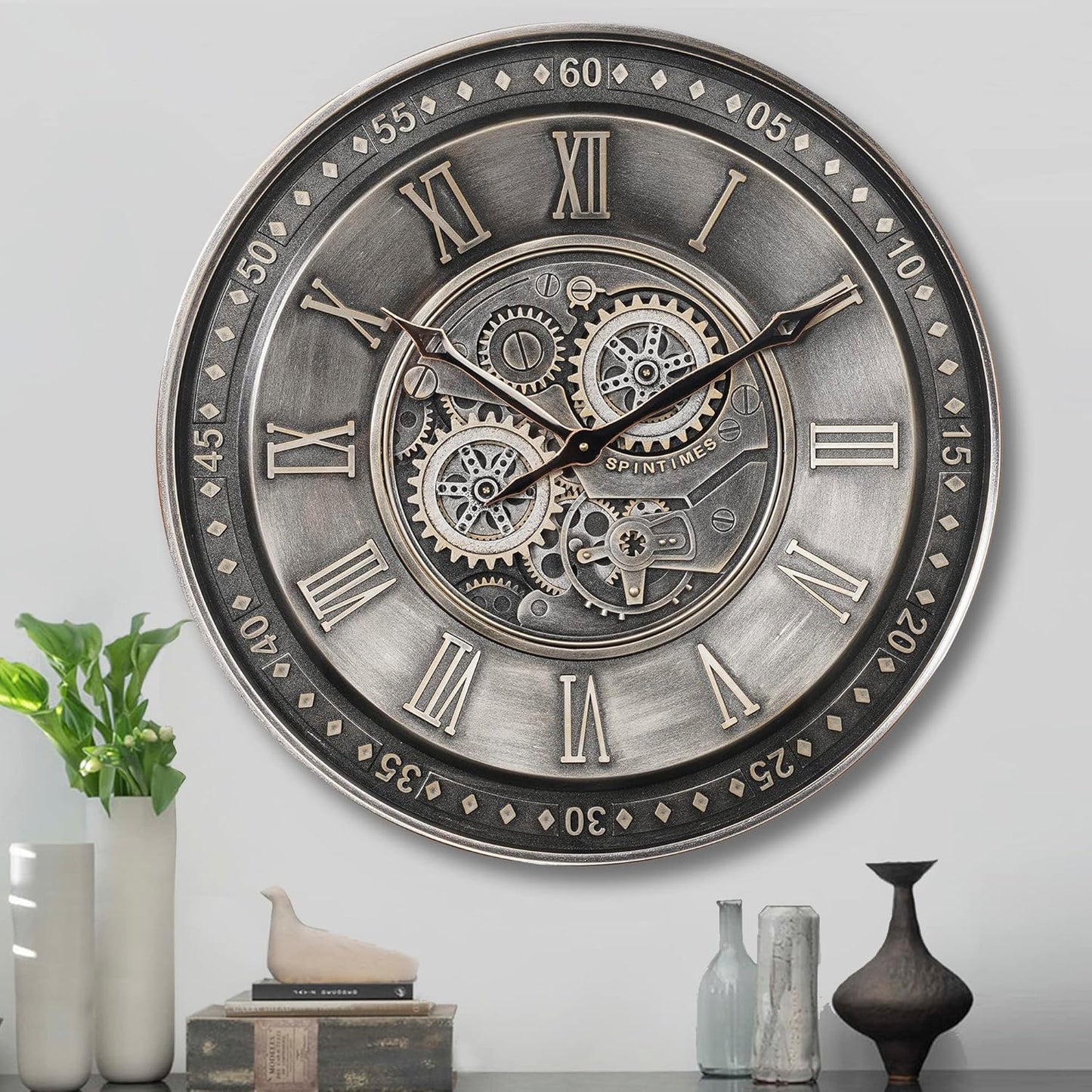CLXEAST 24 Inch Large Moving Gear Wall Clock for Living Room Decor, Antique Silver Metal Roman Numerals Wall Clocks for Home Office
