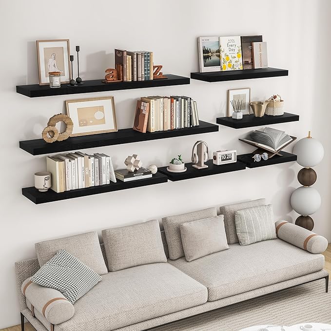 RICHFOCUS 55Inch Floating Shelves for Wall 2 Pack Shelves for Bedroom|Kitchen|Bathroom Wall Mounted Rustic Wood Floating Shelf with Invisible Brackets for Books|Storage|Decor, Black