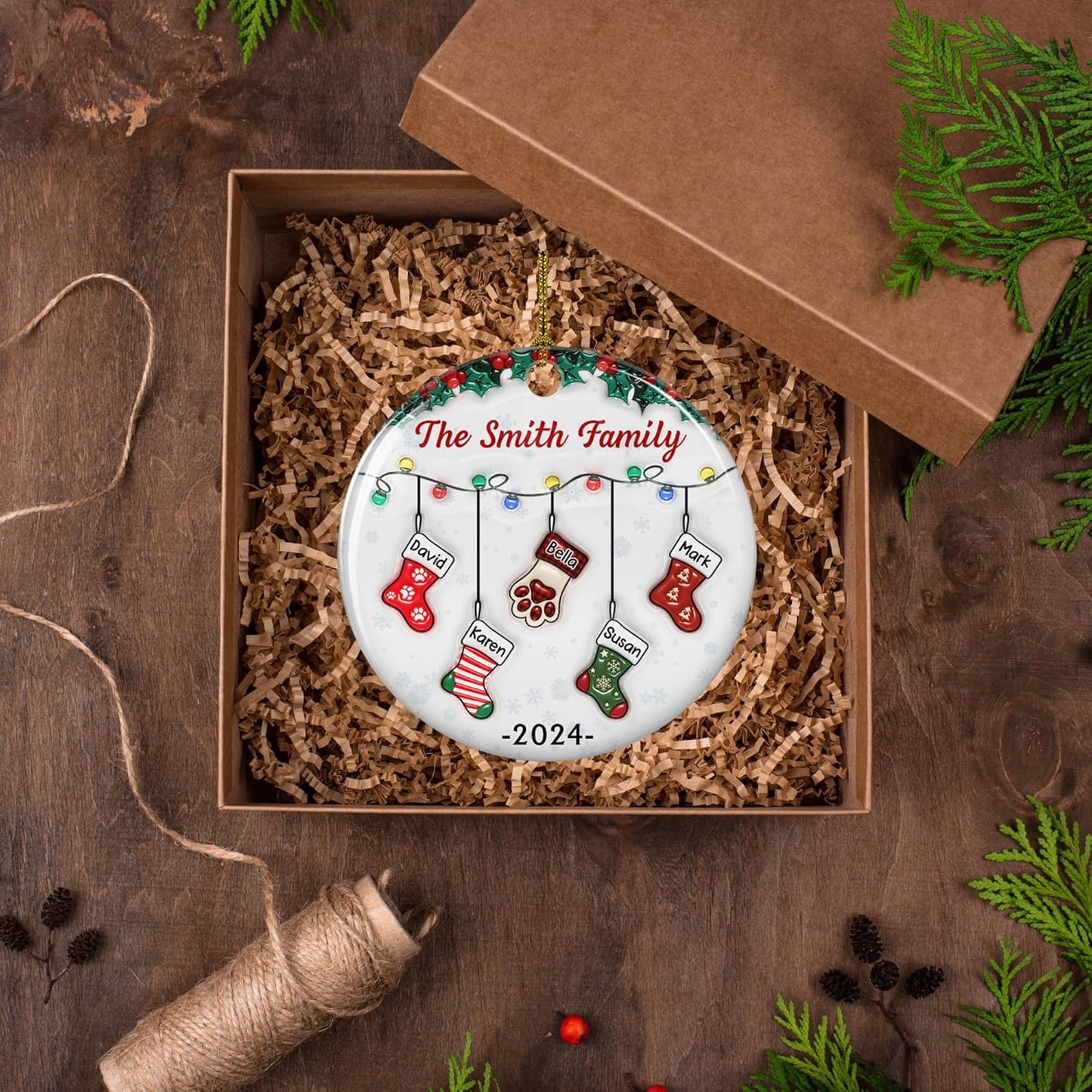 Stocking Personalized Family Christmas Ceramic Ornament 2025-3D Inflated Effect Custom Name Hanging Stock up to 10 Members, First Xmas as A Family Ornament Gifts (A04, 6 Names)