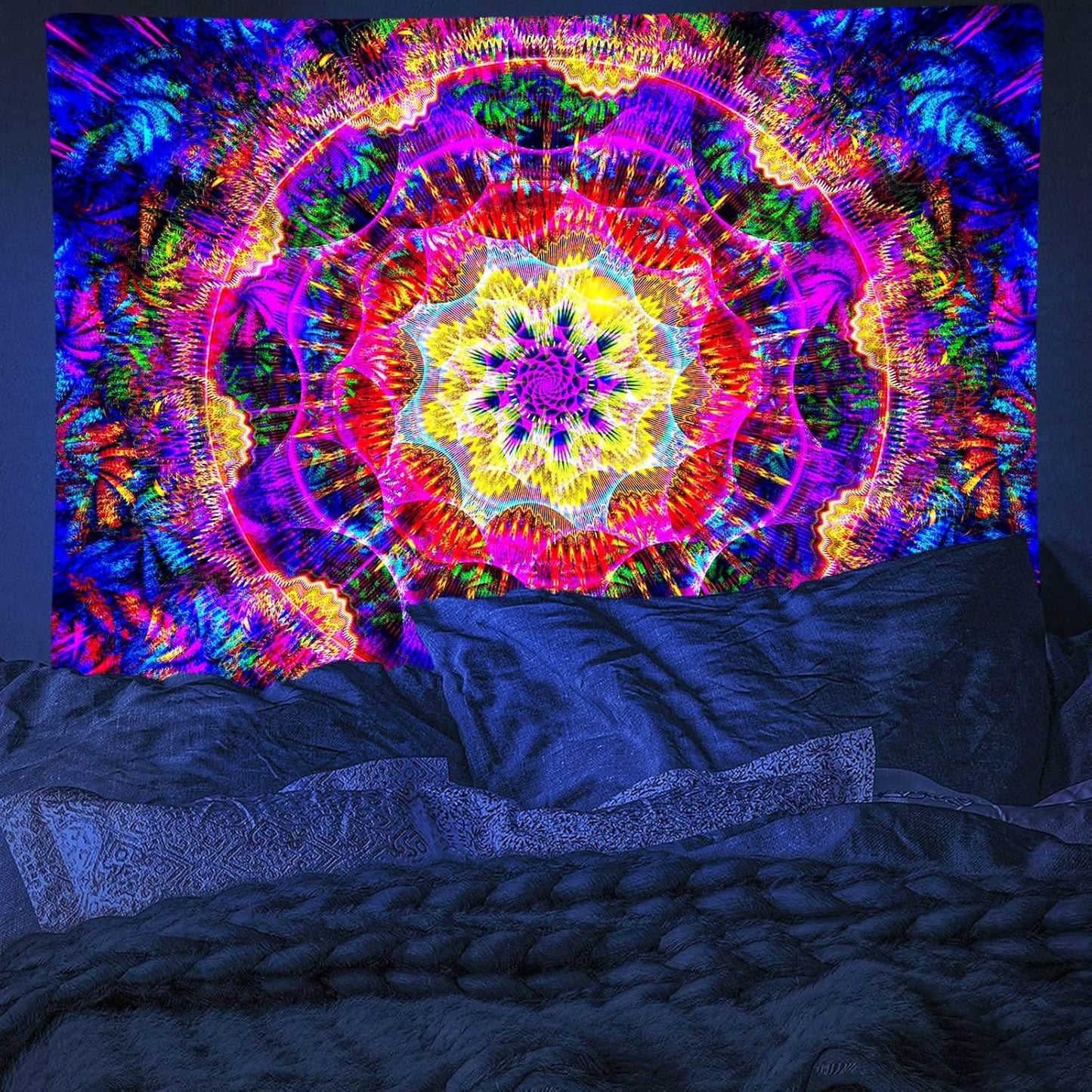 PSYHILAR Blacklight Mandala Tapestry for Bedroom, Psychedelic Black Light Posters for Adults and Teens, Colorful UV Reactive Aesthetic Bohemian Art Wall Hanging Decor (60 x 50 Inches)