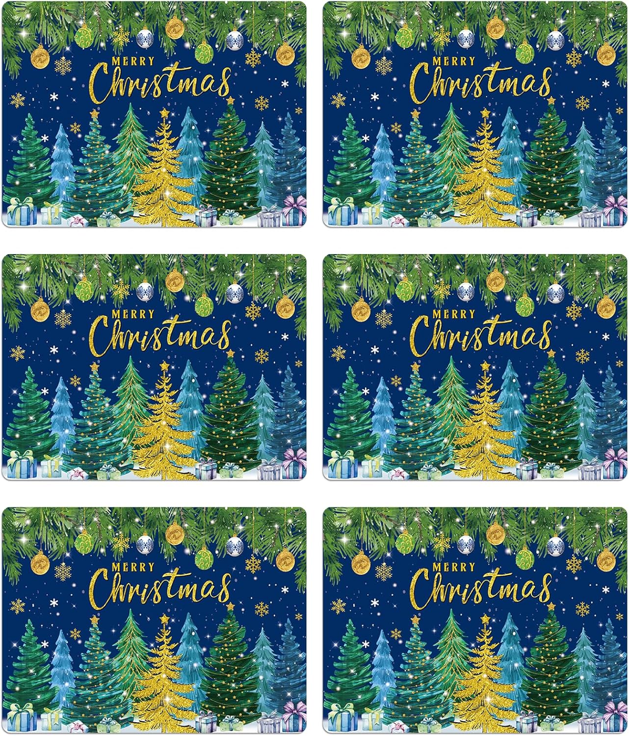 Christmas Pine Trees Placemats Set of 6 Plastic Table Mats Xmas Ball Ornaments Snowflakes Place Mats Holiday Pine Trees Winter Table Decoration for Indoor Outdoor Party Kitchen Dining