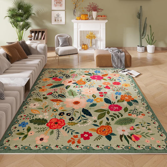 Living Room Rug 6x9 Rug Machine Washable Boho Area Rug Non Slip Floral Vintage Low Pile Large Rug for Living Room, Bedroom, Farmhouse, Dining Room, Kids Playroom(Green)