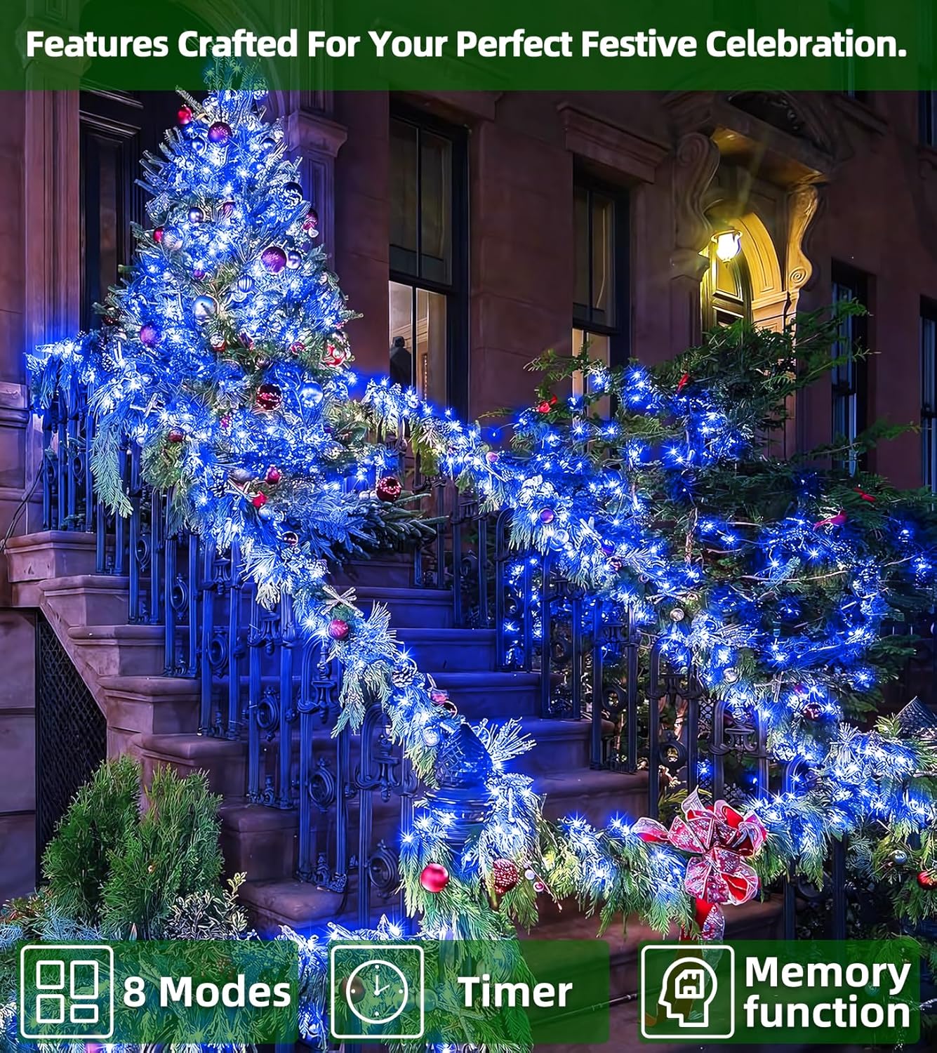 1500 LED 492ft Outdoor Christmas Lights Decorations, Green Wire LED String Lights with Timer Memory, Twinkle Lighs for Indoor Outdoor Party, Tree Wedding, Garden, Patio (Blue)