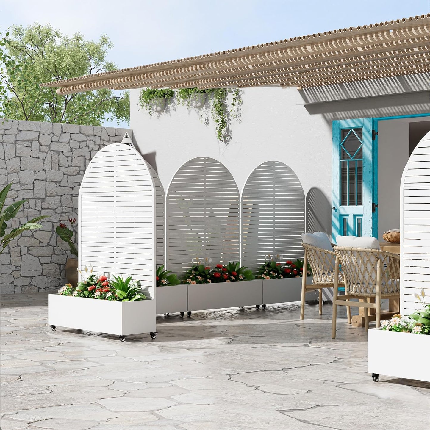 Casaphoria Metal Raised Garden Bed with Trellis and Wheels, 72"x47"x16" Arched Planter Box for Climbing Plants, Vegetables & Vines, Features Drainage Holes and Privacy Screen (White-Louvered)