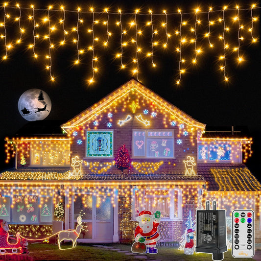 Ollny Icicle Lights for Outside 720LED 60FT, Warm White Christmas Lights with Remote 8 Modes Dimmable, Waterproof Connectable Timer Hanging Light for House Outdoor Yard Indoor Decorations