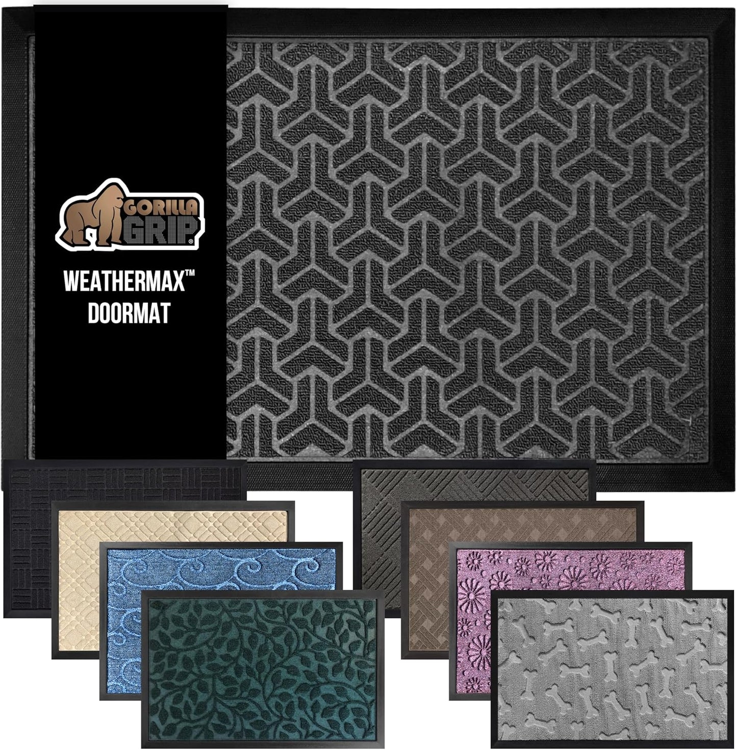 GORILLA GRIP 100% Waterproof All-Season WeatherMax Doormat, 47x35, US Designed Natural Rubber, Stain and Fade Resistant, Low Profile Indoor Outdoor Door Mats, Easy Clean Patio Mat, Slate Geometric