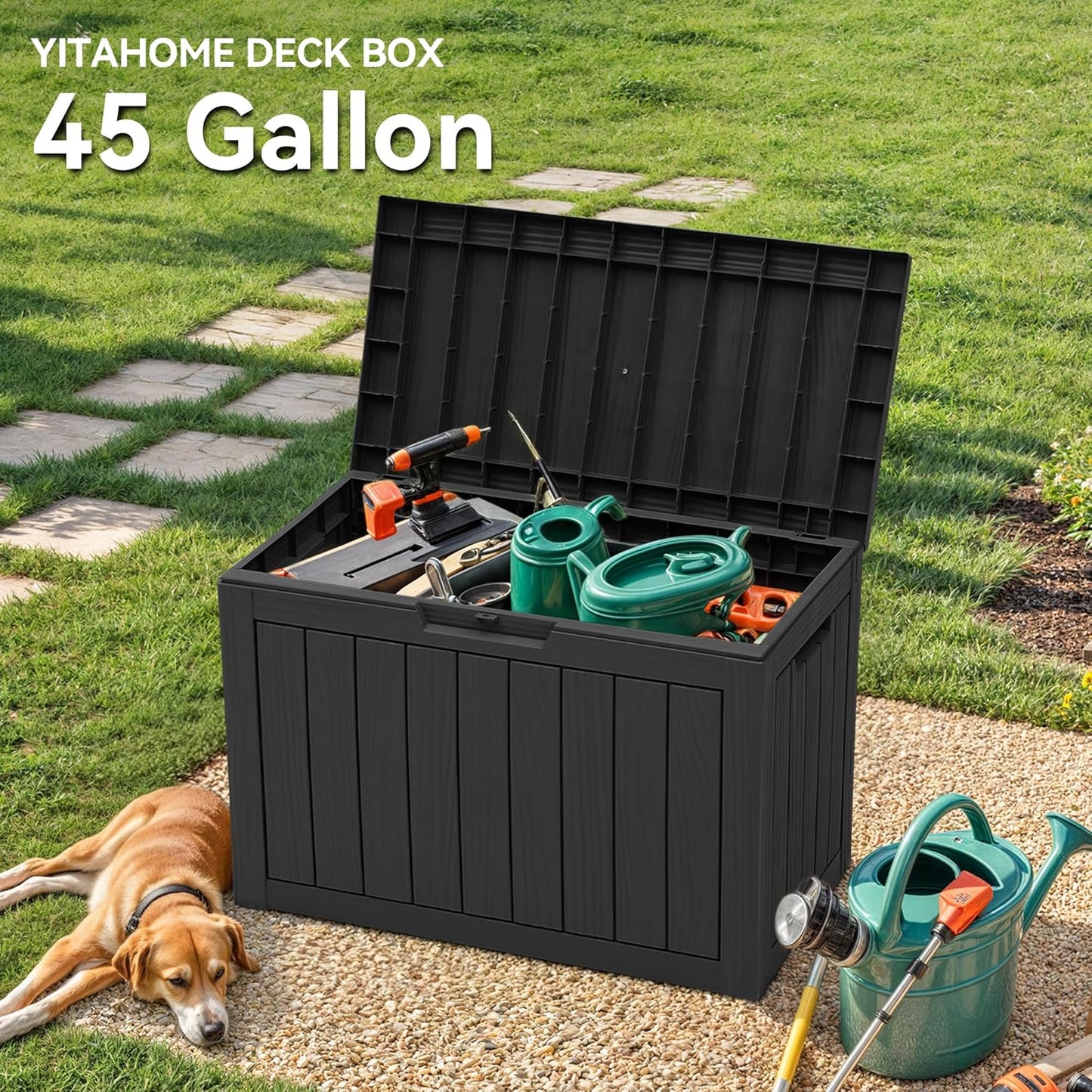 YITAHOME 45 Gallon Deck Box, Outdoor Storage Box for Patio Cushions, Outdoor Tools, Gardening Tools, Sports Equipment, and Throw Pillows, Lockable and Waterproof, Black